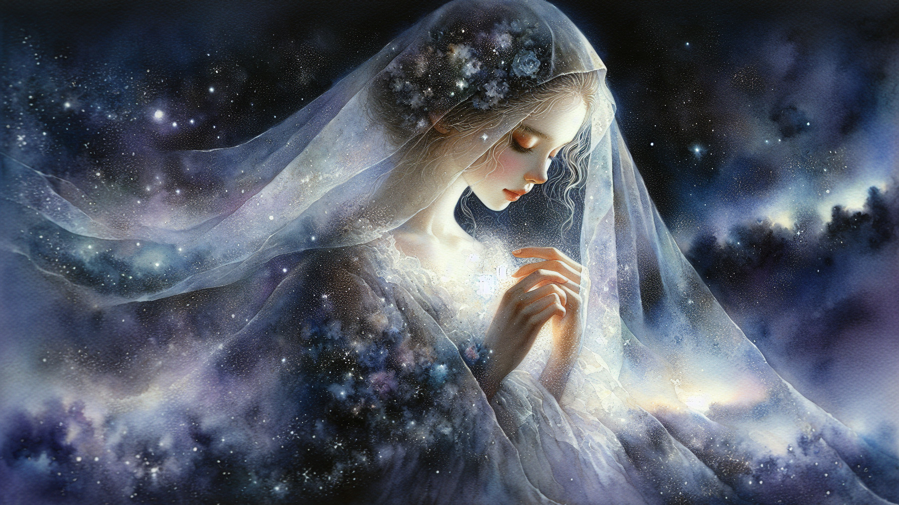 Serene figure in translucent veil with cosmic patterns