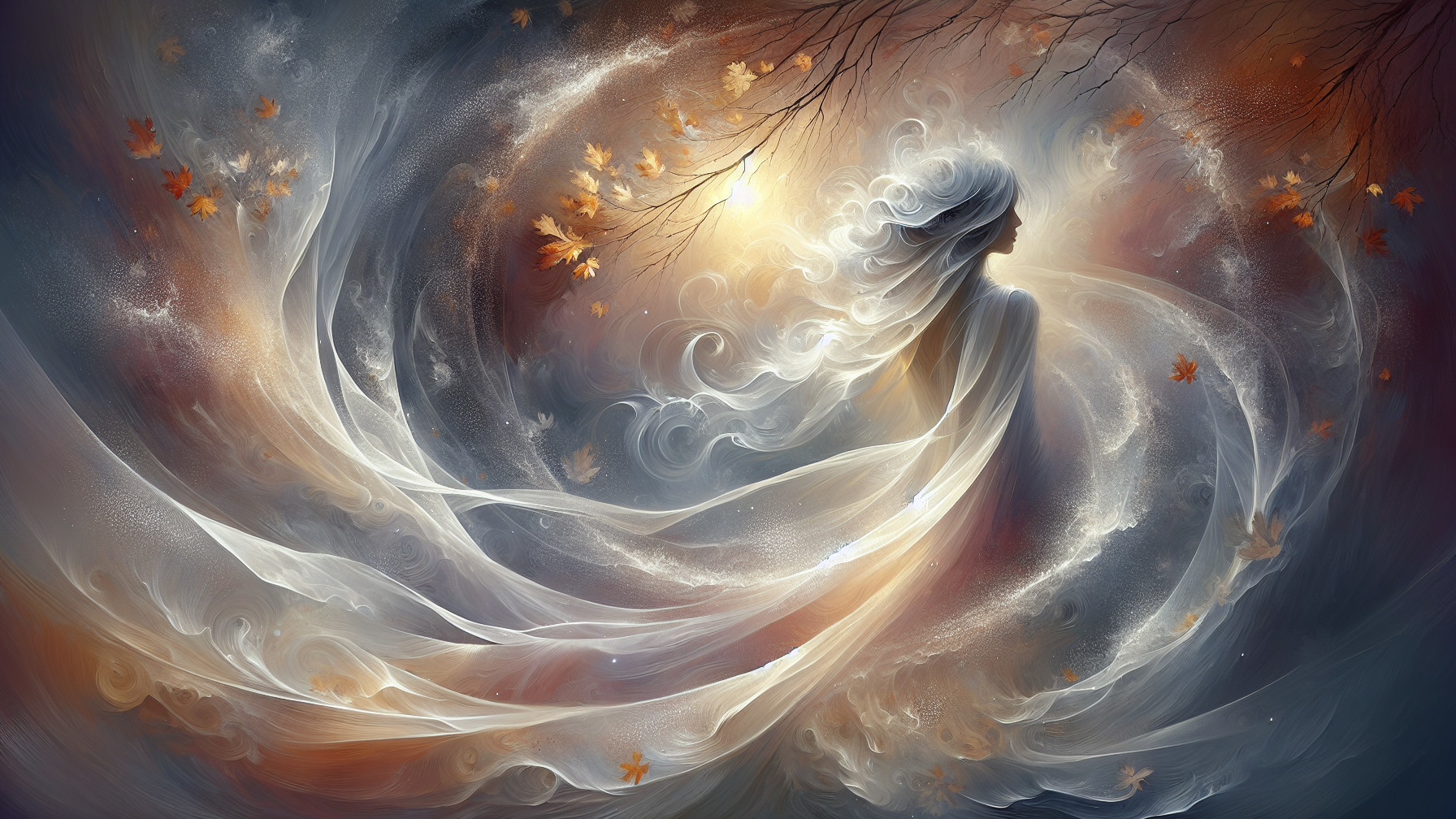 Mystical Figure in Ethereal Dance with Autumn Leaves