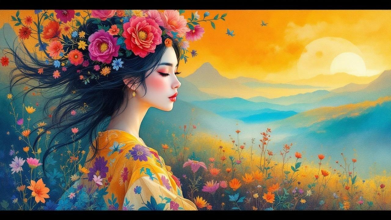 Asian Woman in Floral Crown Against Scenic Landscape