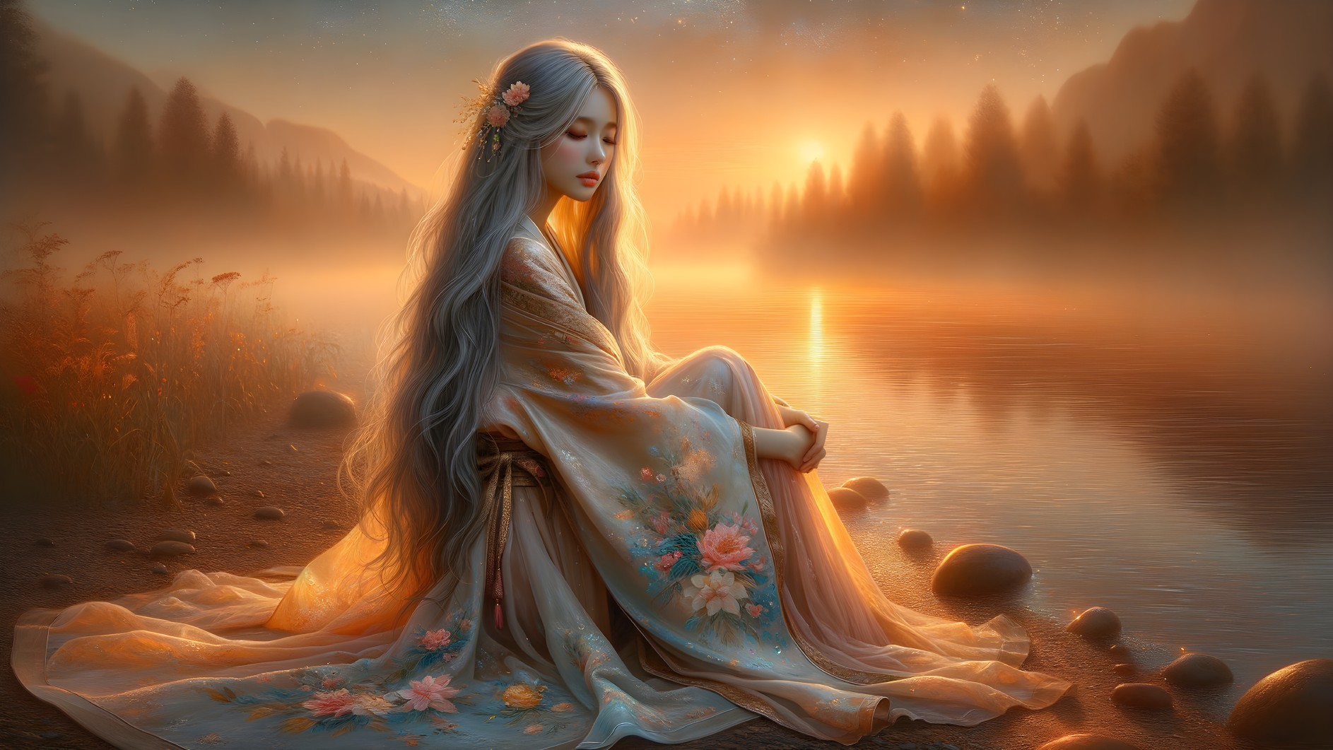 Serene Woman in Kimono by Tranquil Riverside at Sunset