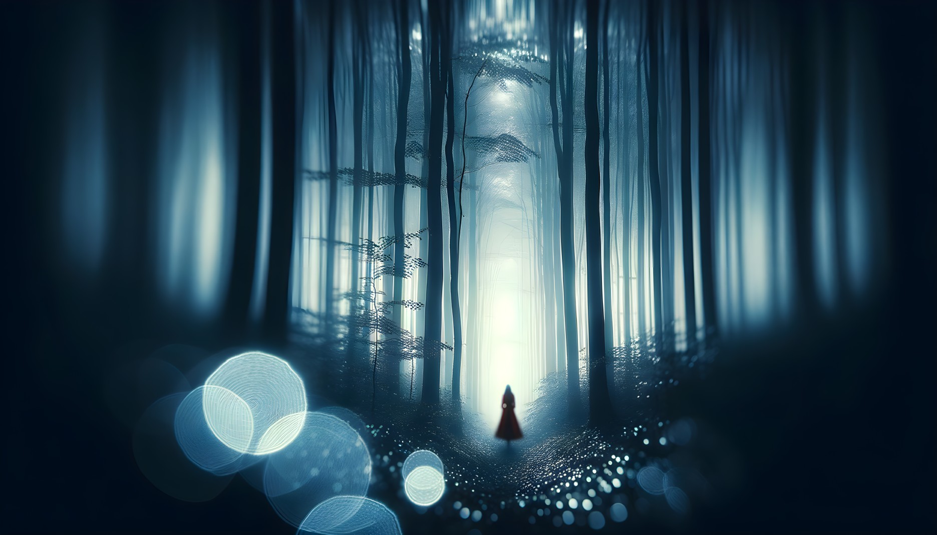 Mystical Forest with Cloaked Figure and Glowing Light