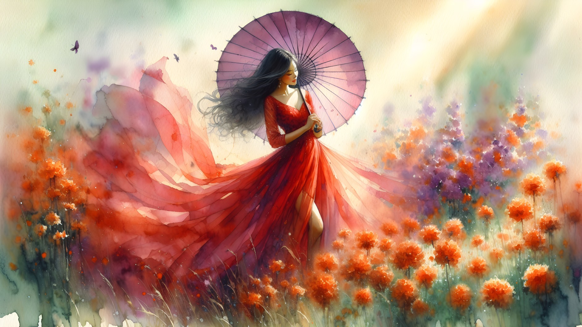 Woman in Red Dress in Flower Field with Parasol