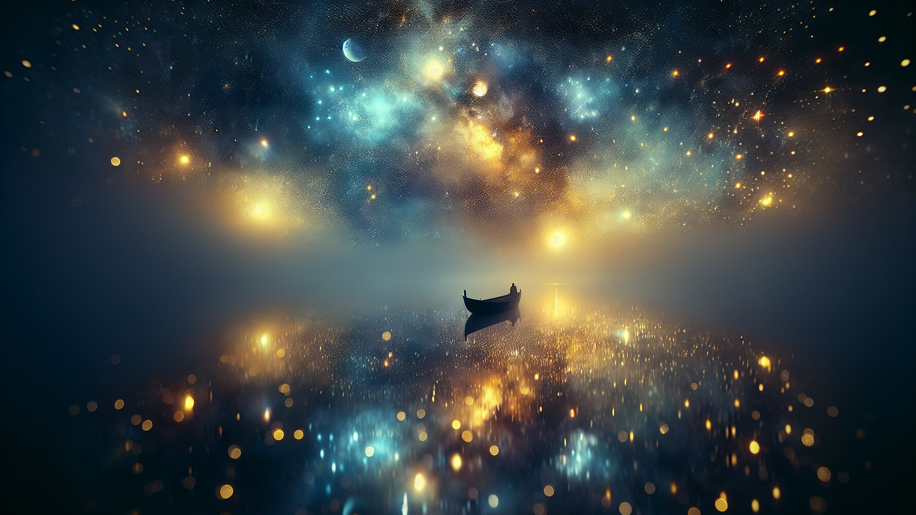 Solitary Boat on Misty Water Under Cosmic Sky