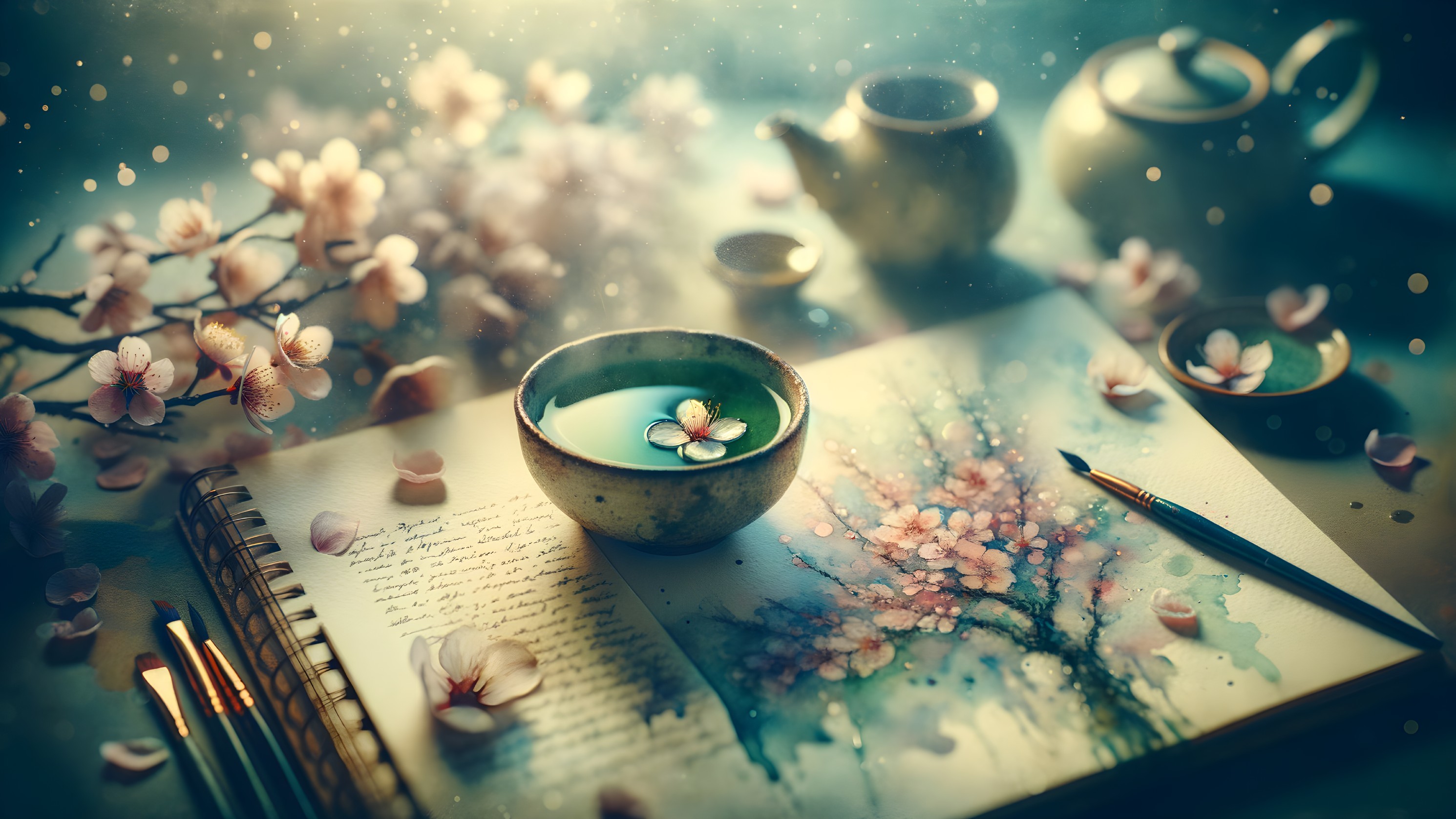 Watercolor Cherry Blossoms and Tea Bowl Scene