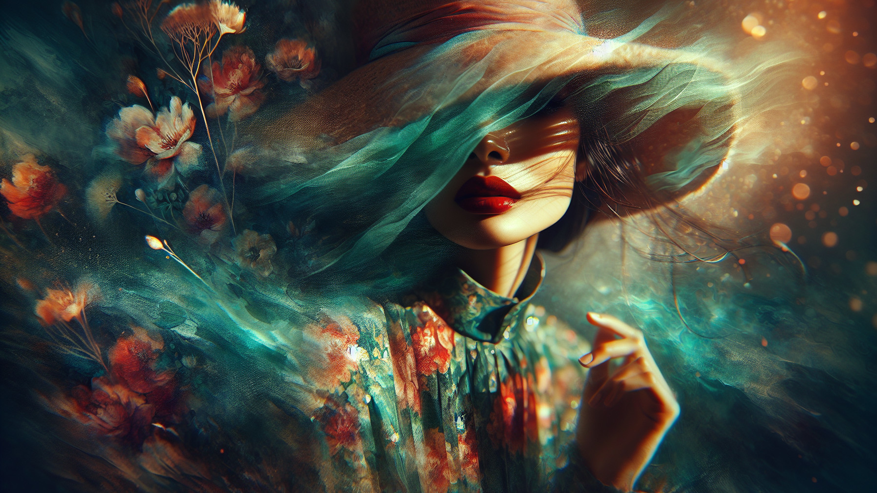 Mysterious Figure in Colorful Swirls and Floral Dress