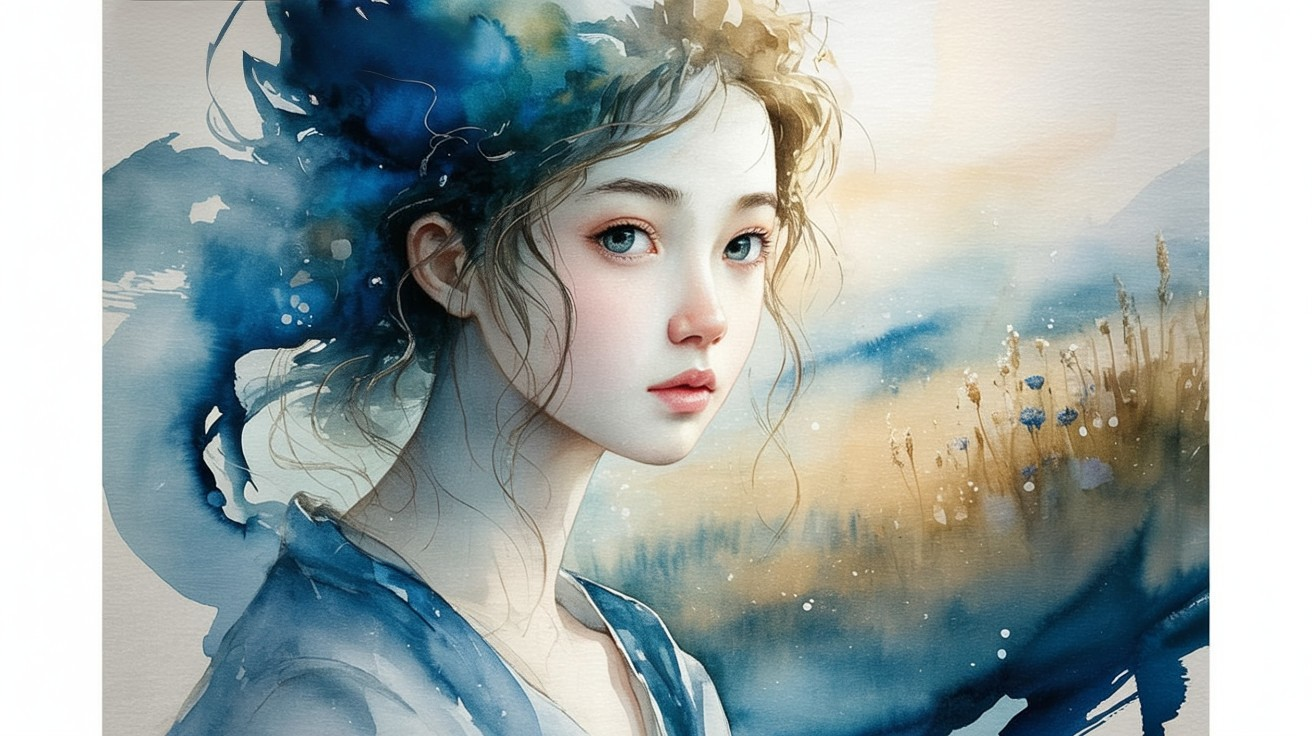 Portrait of a Young Woman with Blue Watercolor Swirls