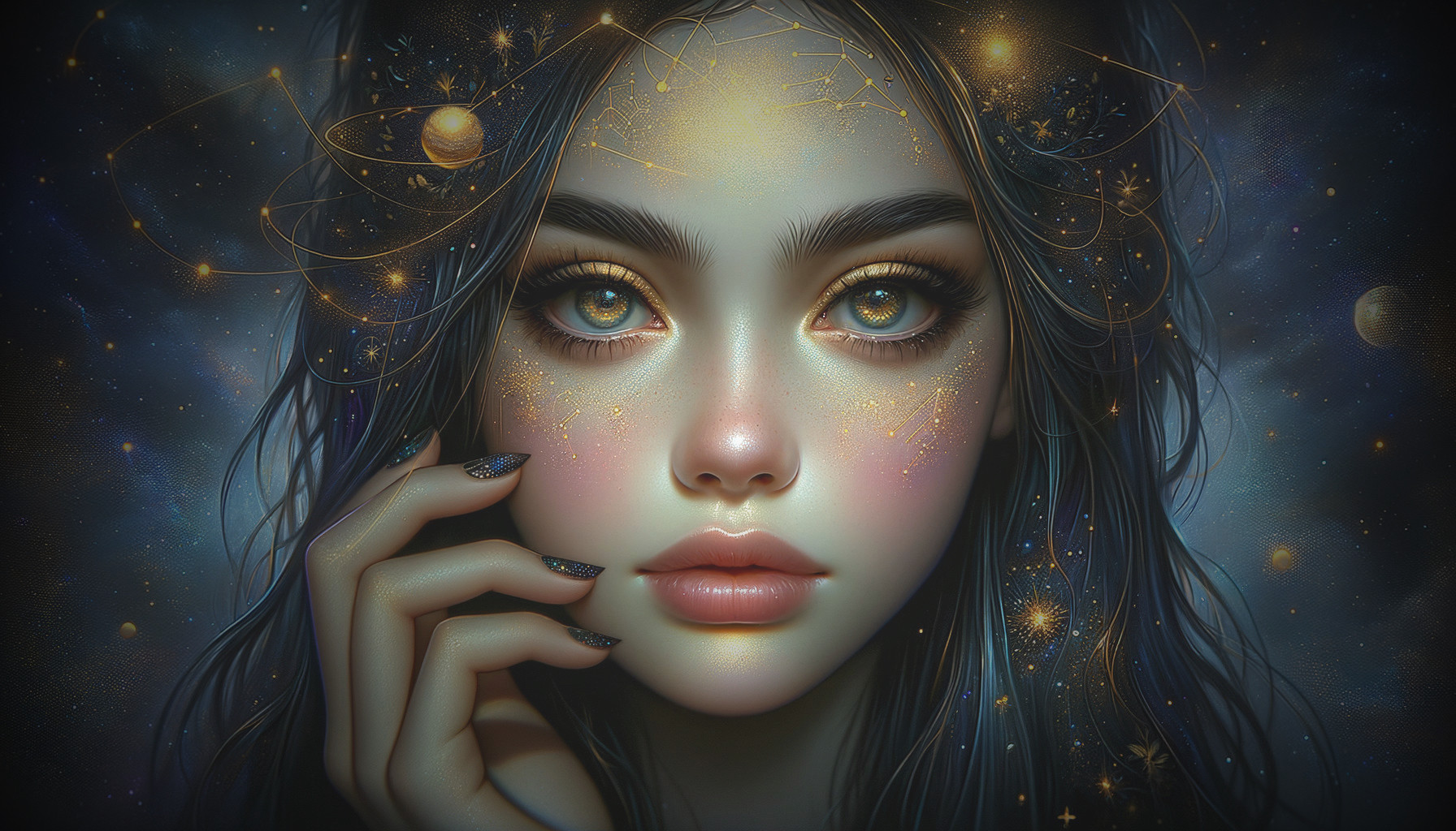 Portrait of a Young Woman with Cosmic Hair and Eyes