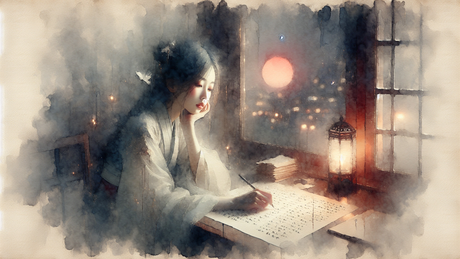 Young woman in traditional attire at a wooden desk