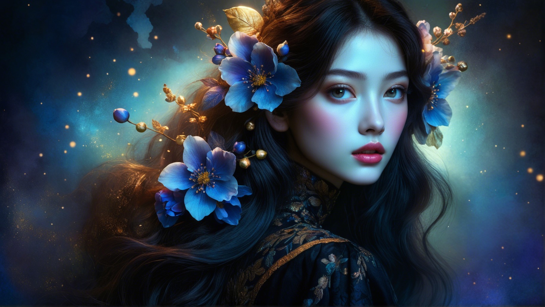 Portrait of a Young Woman with Dark Hair and Flowers