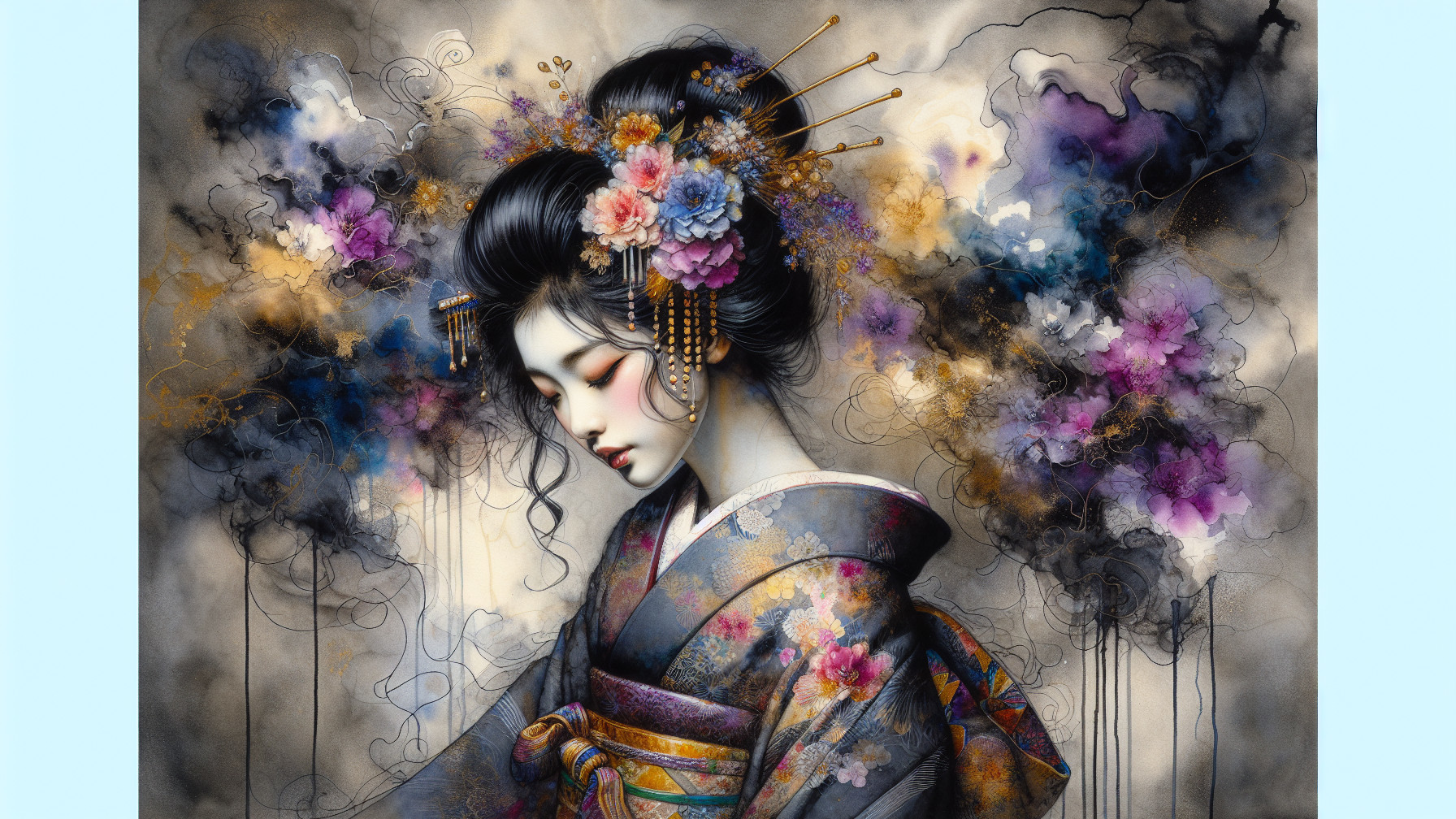 Digital Painting of Japanese Woman in Kimono with Clouds