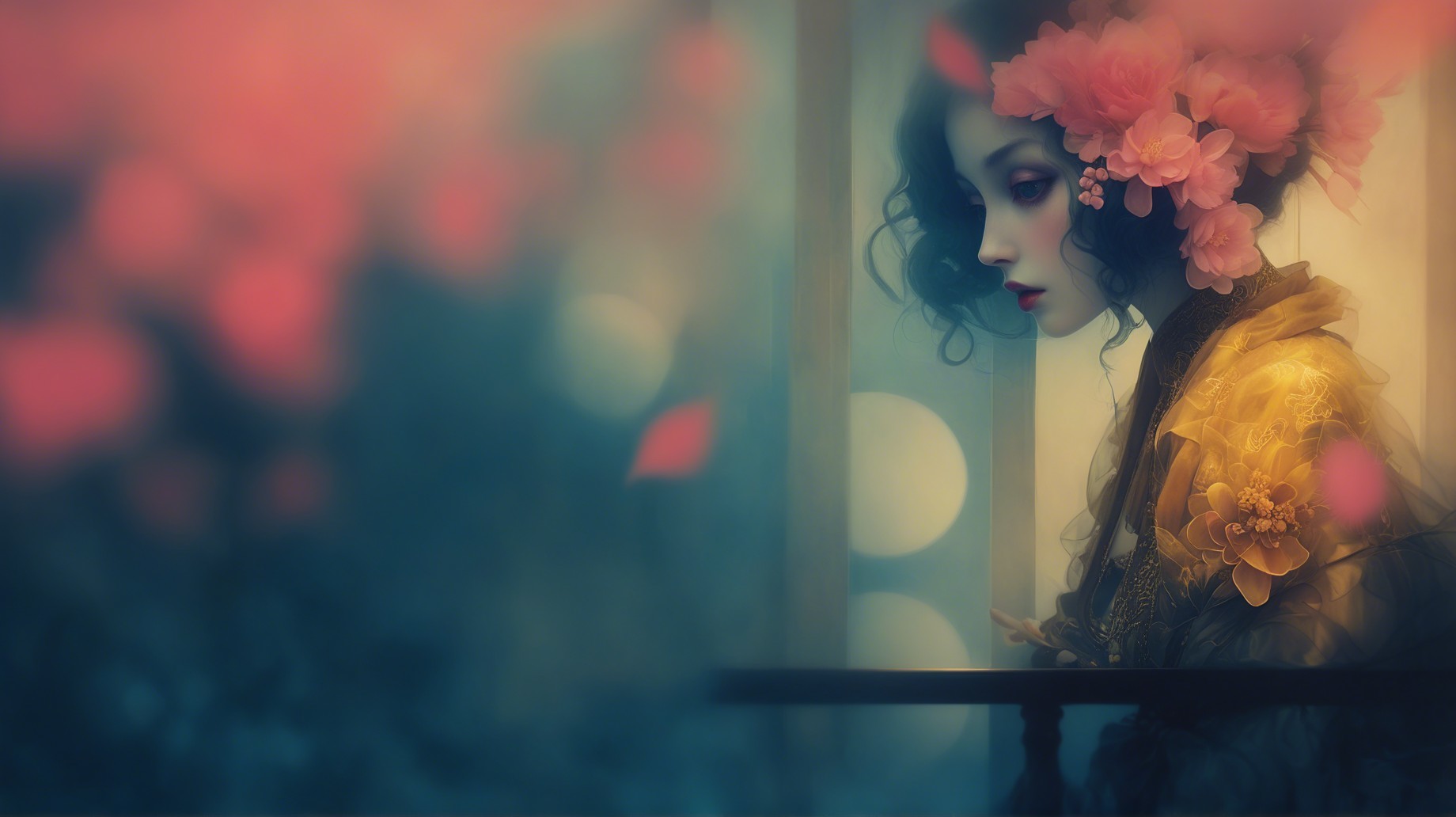Serene figure with flowers in dreamy, colorful backdrop