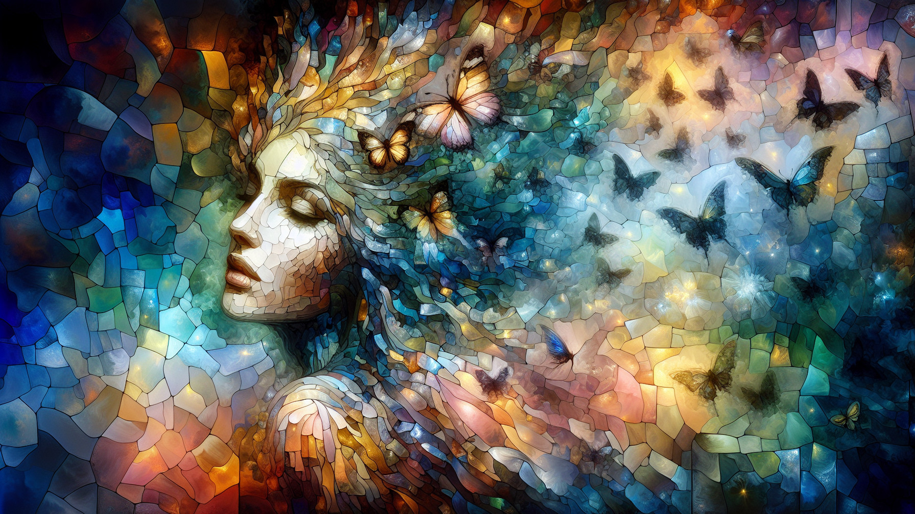 Vivid Color Collage of Woman with Butterfly Motifs