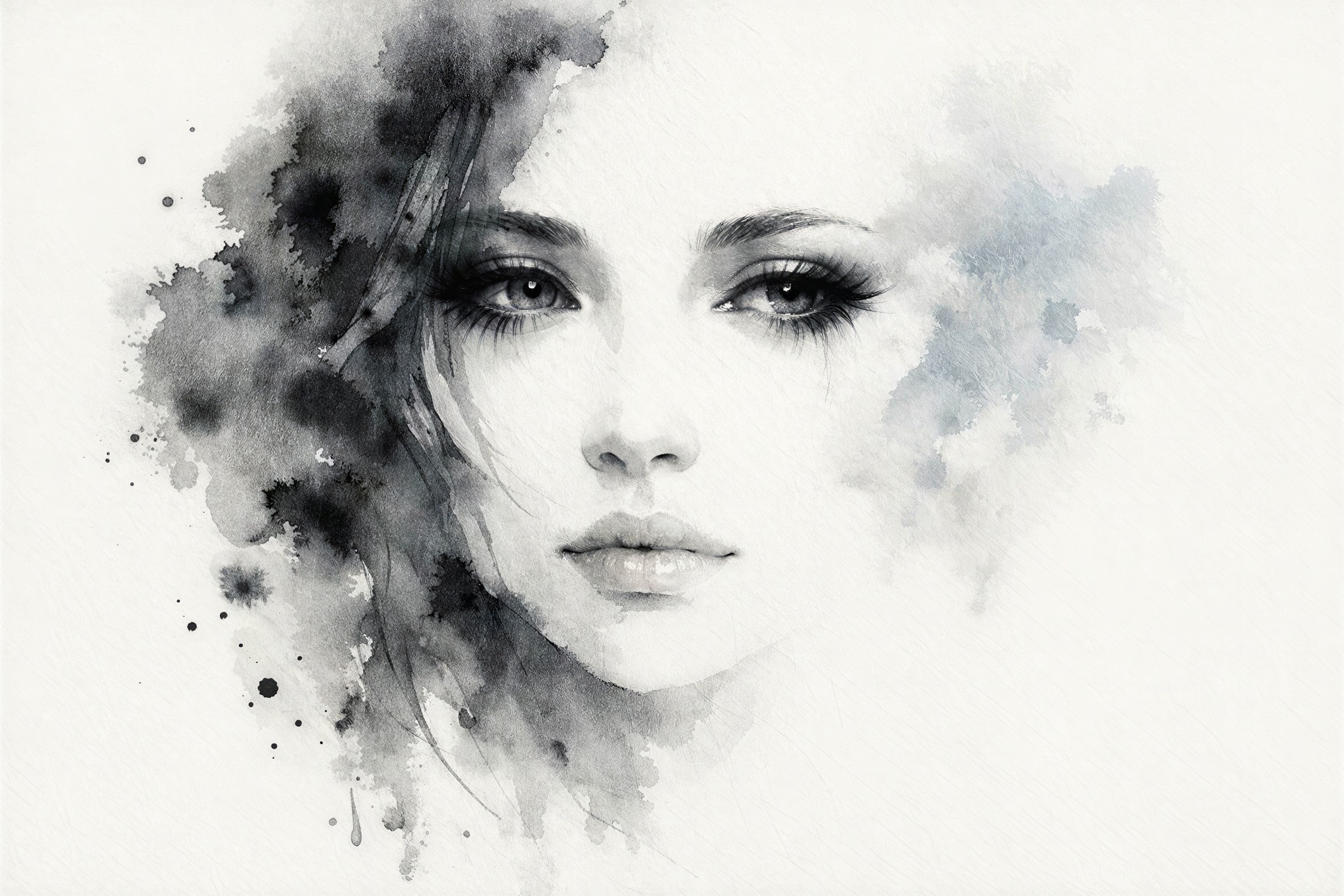 Watercolor portrait of a woman with dark hair and splashes