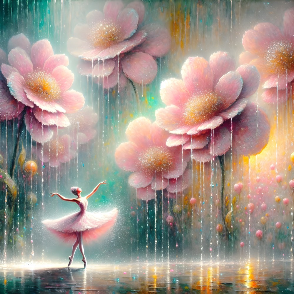 Ballerina Dances Under Waterfall of Vibrant Flowers