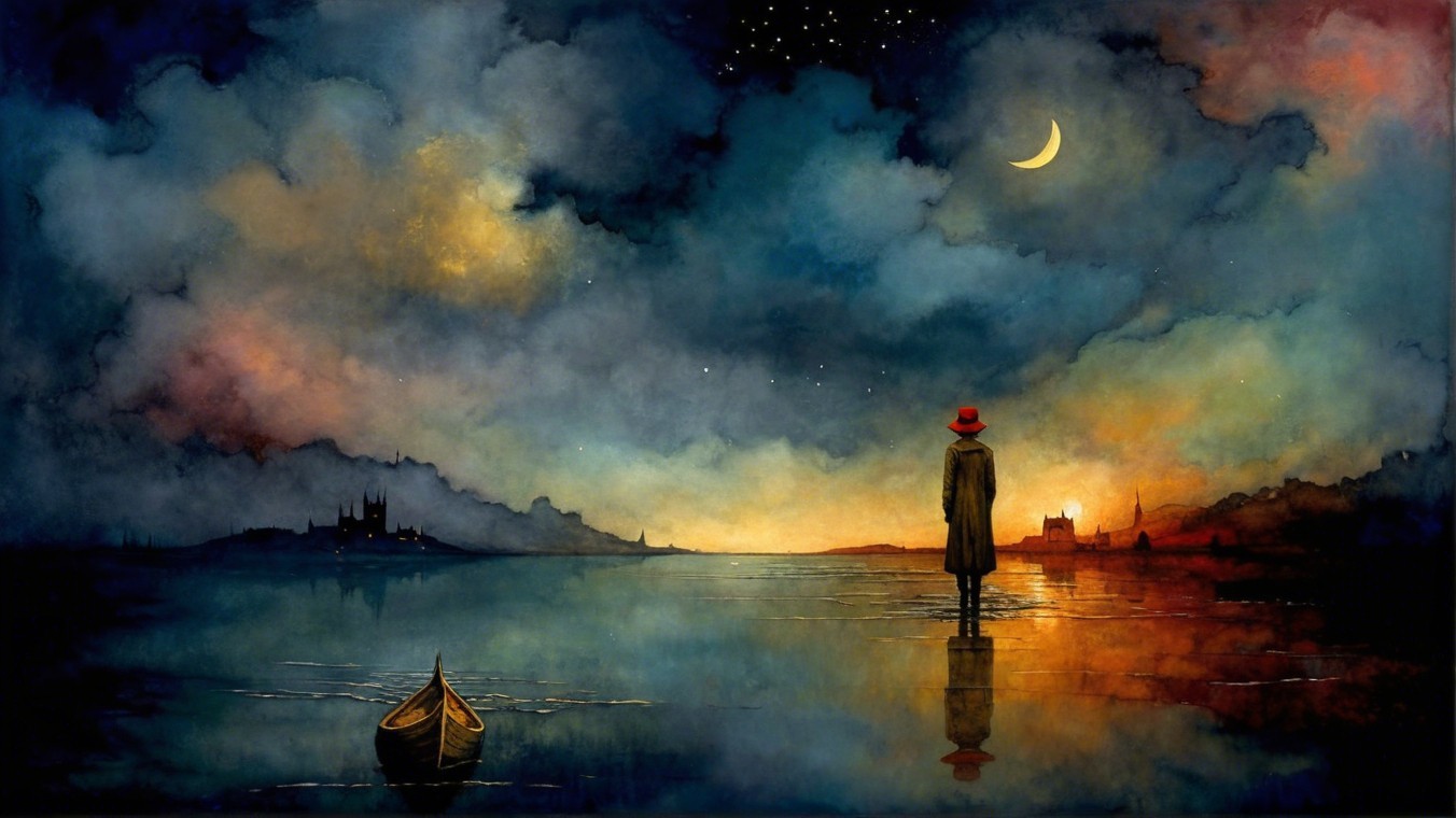 Twilight Landscape with Figure in Red Hat by Water