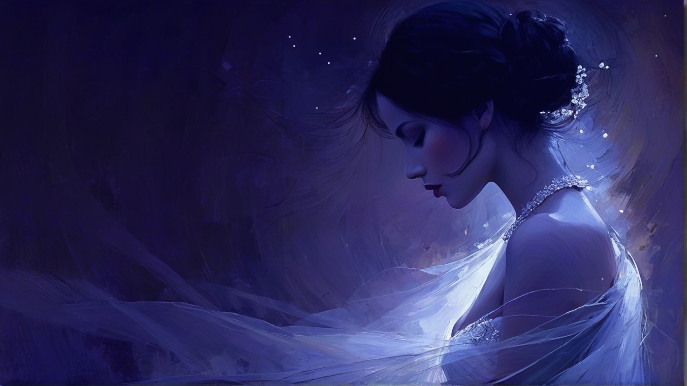 Profile of a woman in a flowing gown with purple backdrop