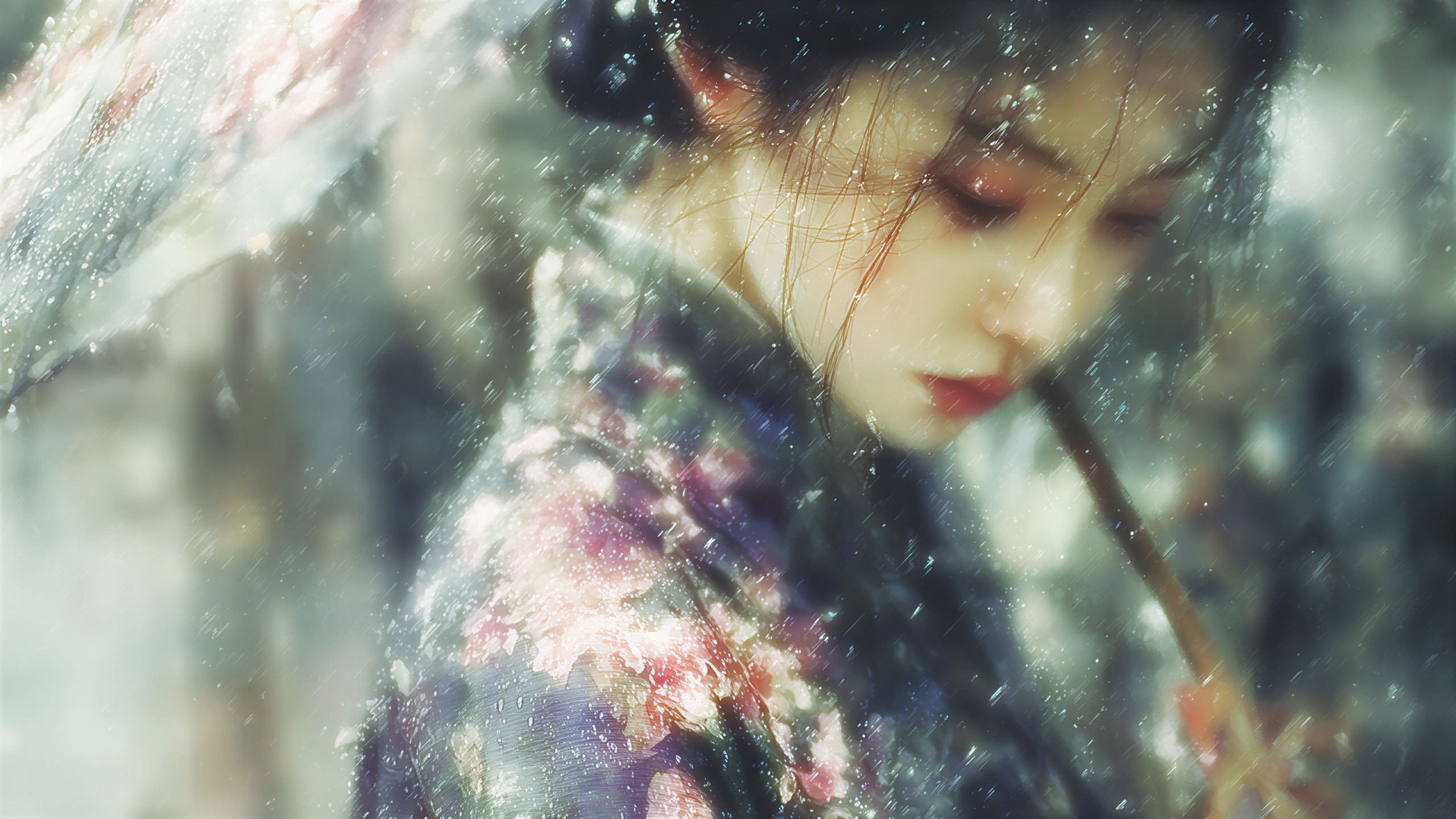 Woman in kimono under umbrella in rainy landscape