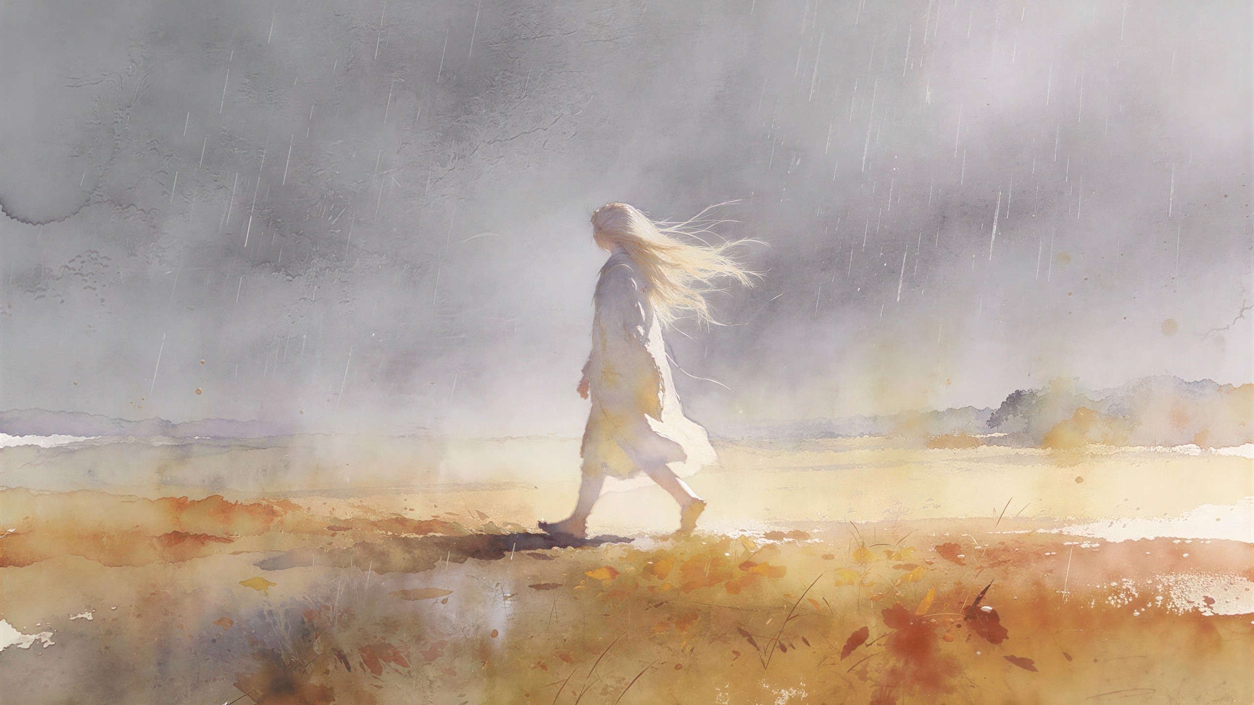 Watercolor of Woman Walking in Stormy Field