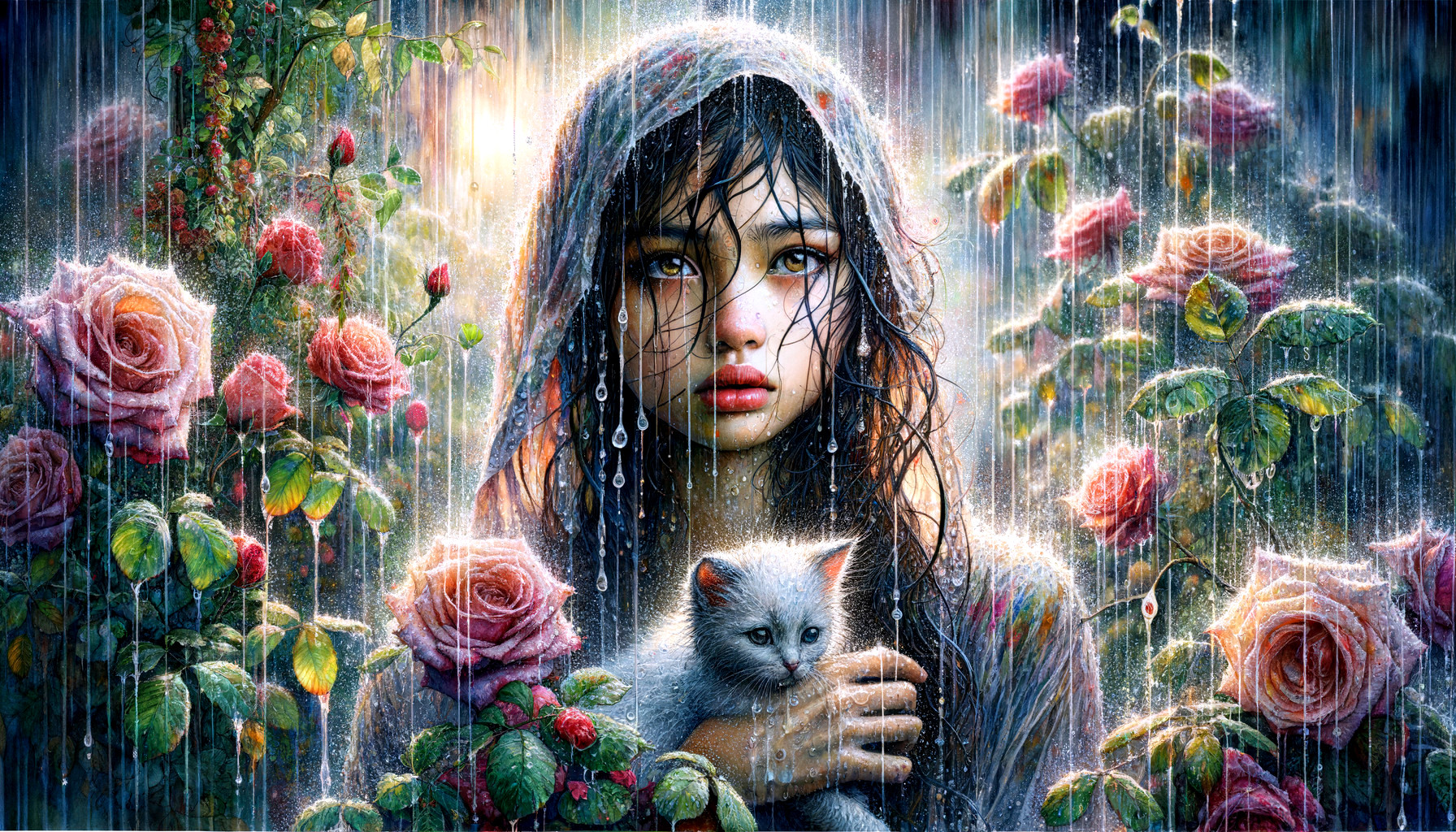 Young girl with kitten in rain among pink roses