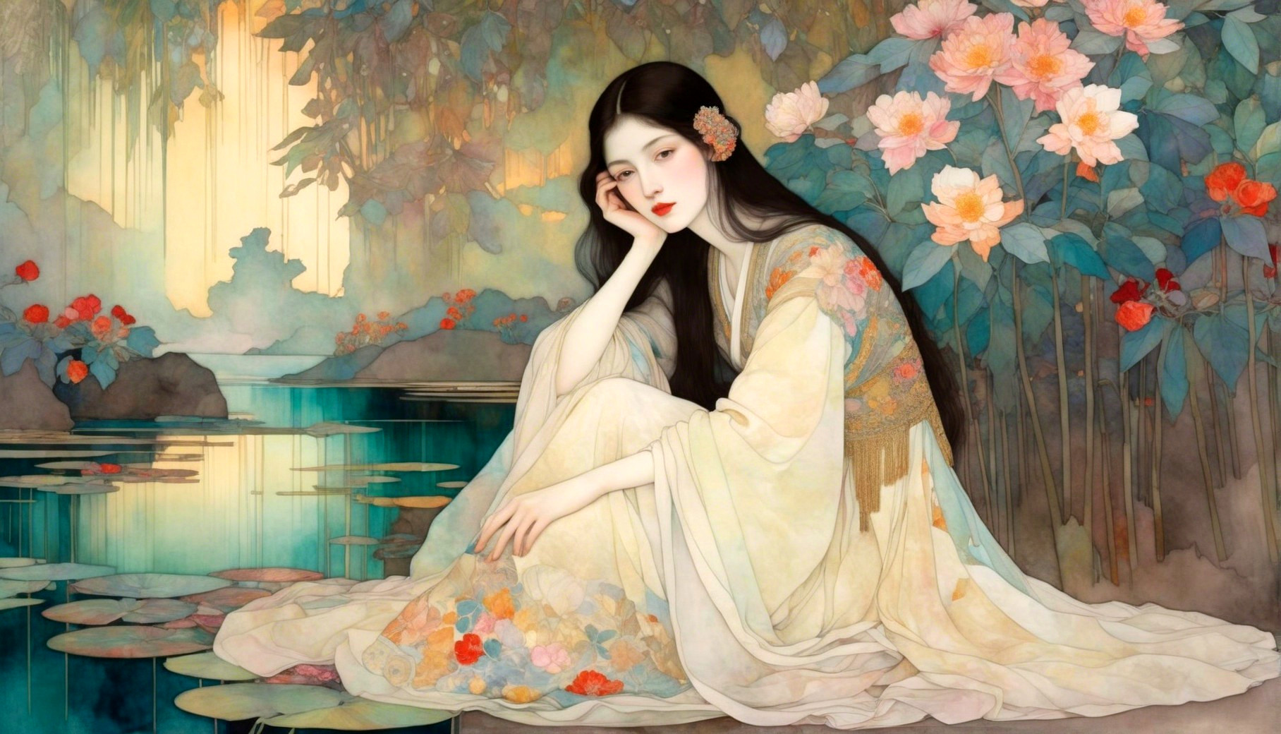 Serene Scene of a Woman in a Kimono by a Pond