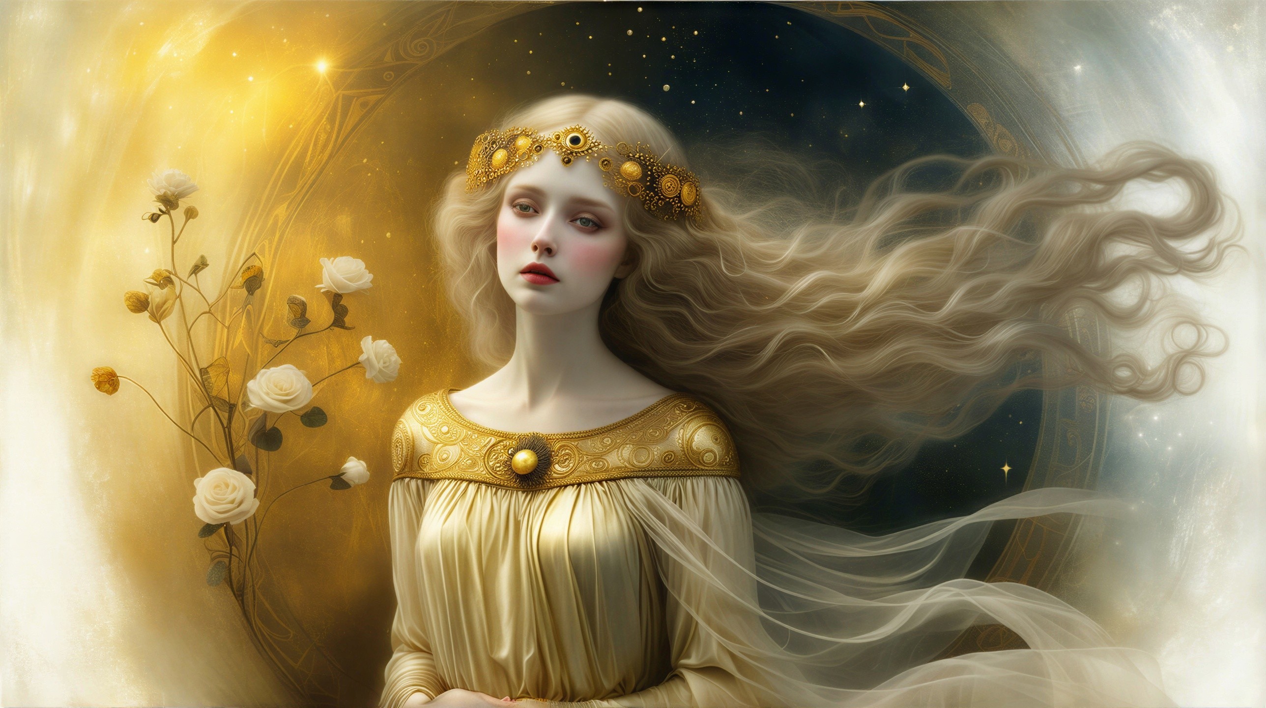 Ethereal Woman in Golden Gown with Celestial Background