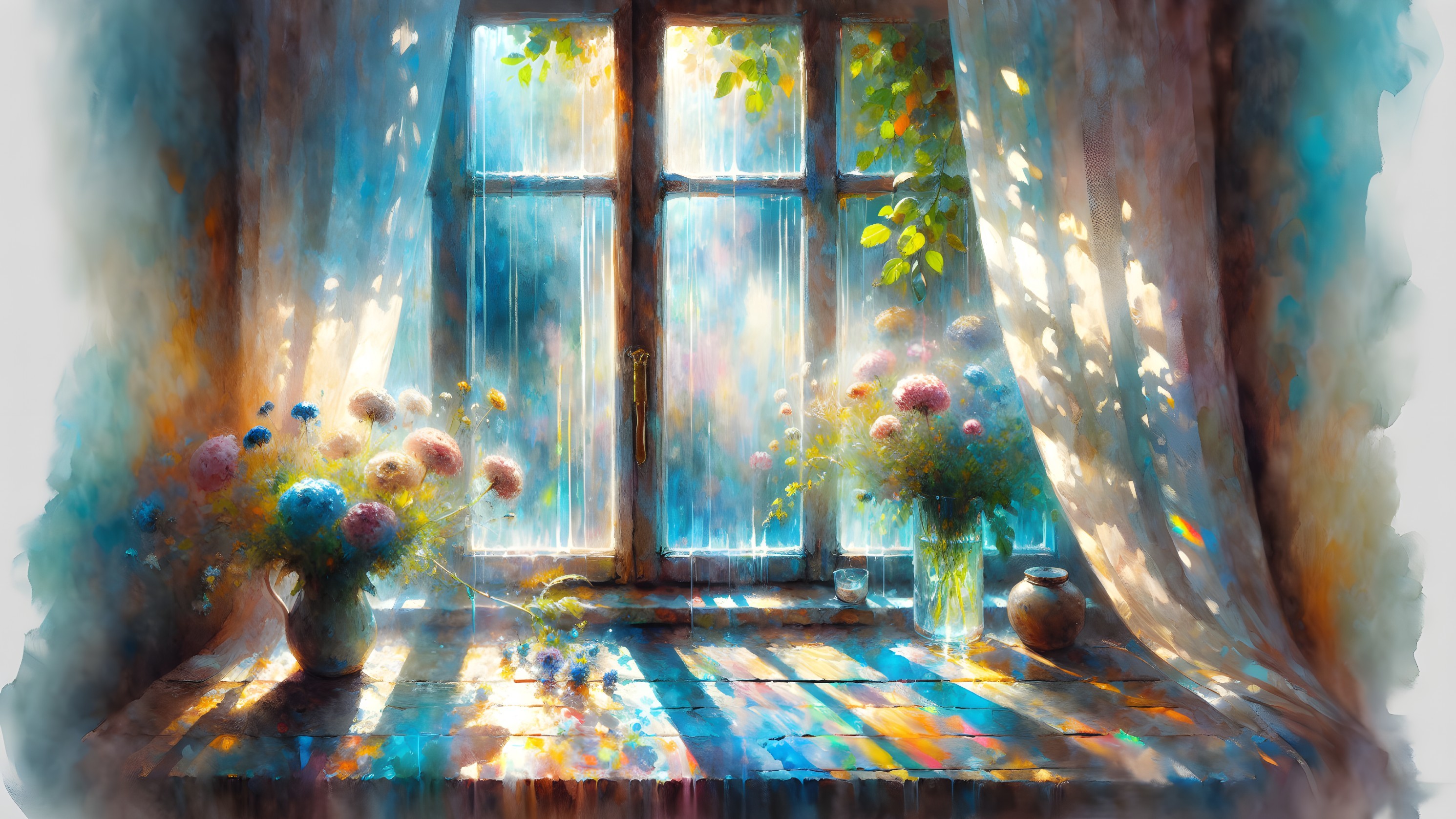 Sunlight and Floral Arrangements in a Rustic Setting