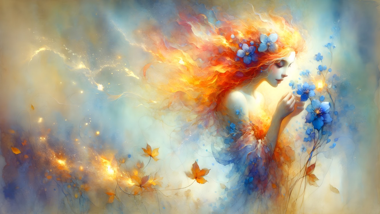 Mystical figure with fiery hair and blue flowers
