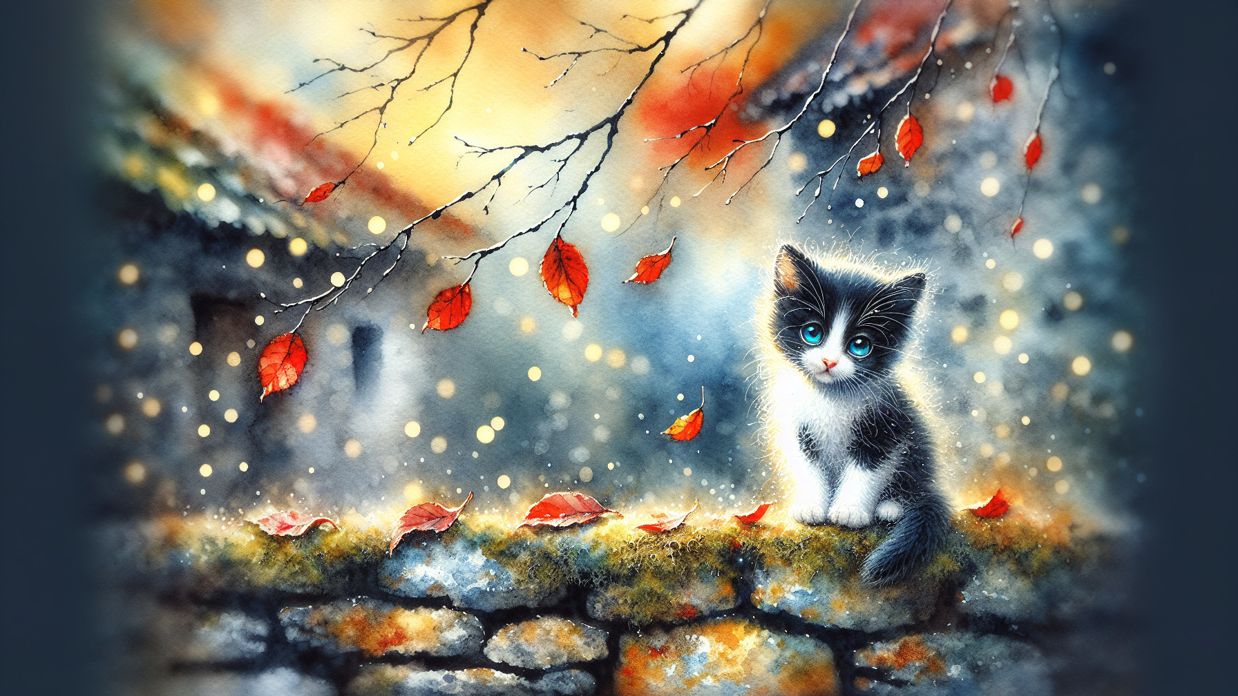 Black and white kitten on mossy wall with autumn leaves