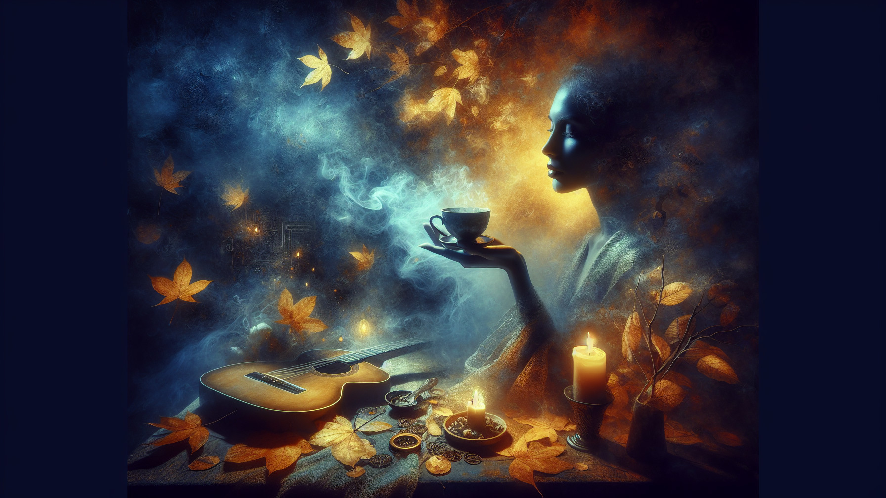 Serene Woman Silhouette with Autumn Leaves and Guitar