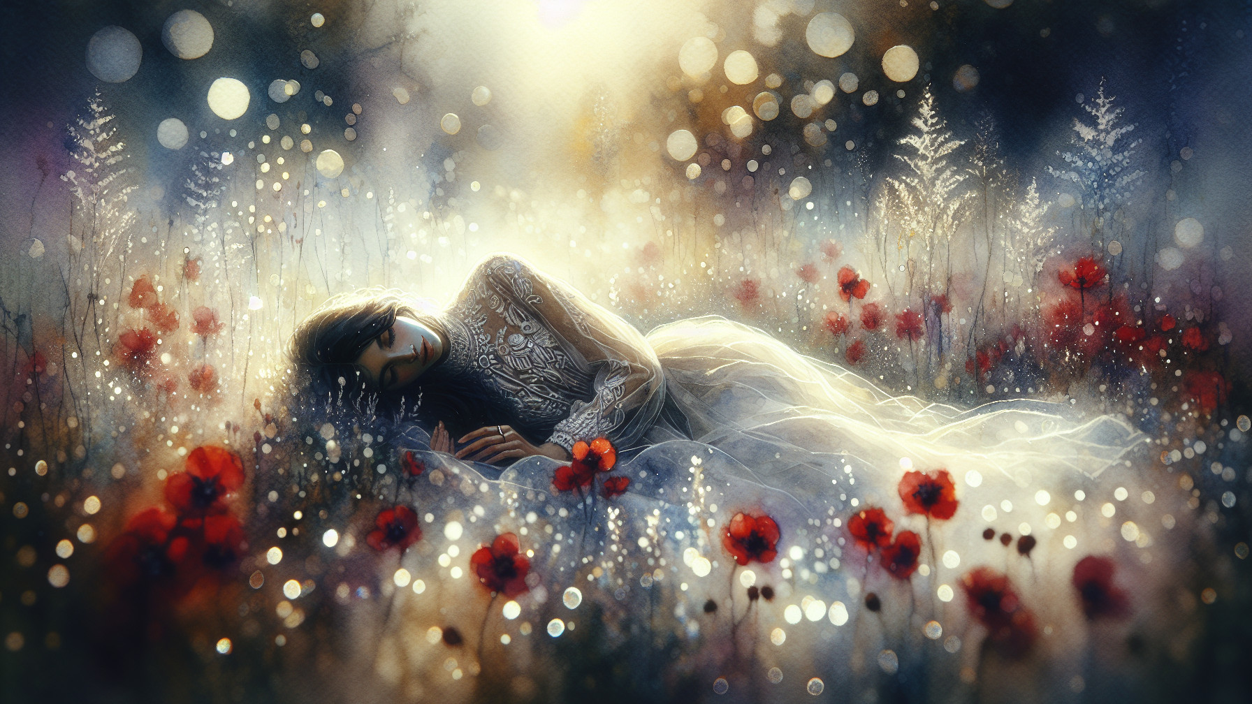 Woman in ethereal gown among vibrant red poppies