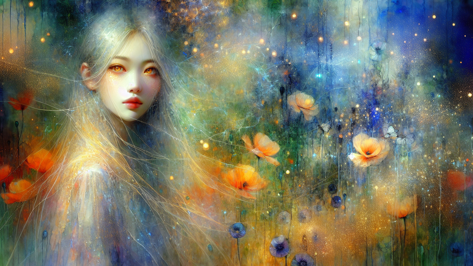 Dreamlike Portrait of a Young Woman with Flowers