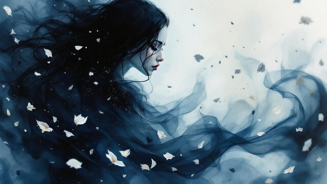 Serene Woman Surrounded by Mist and Petals