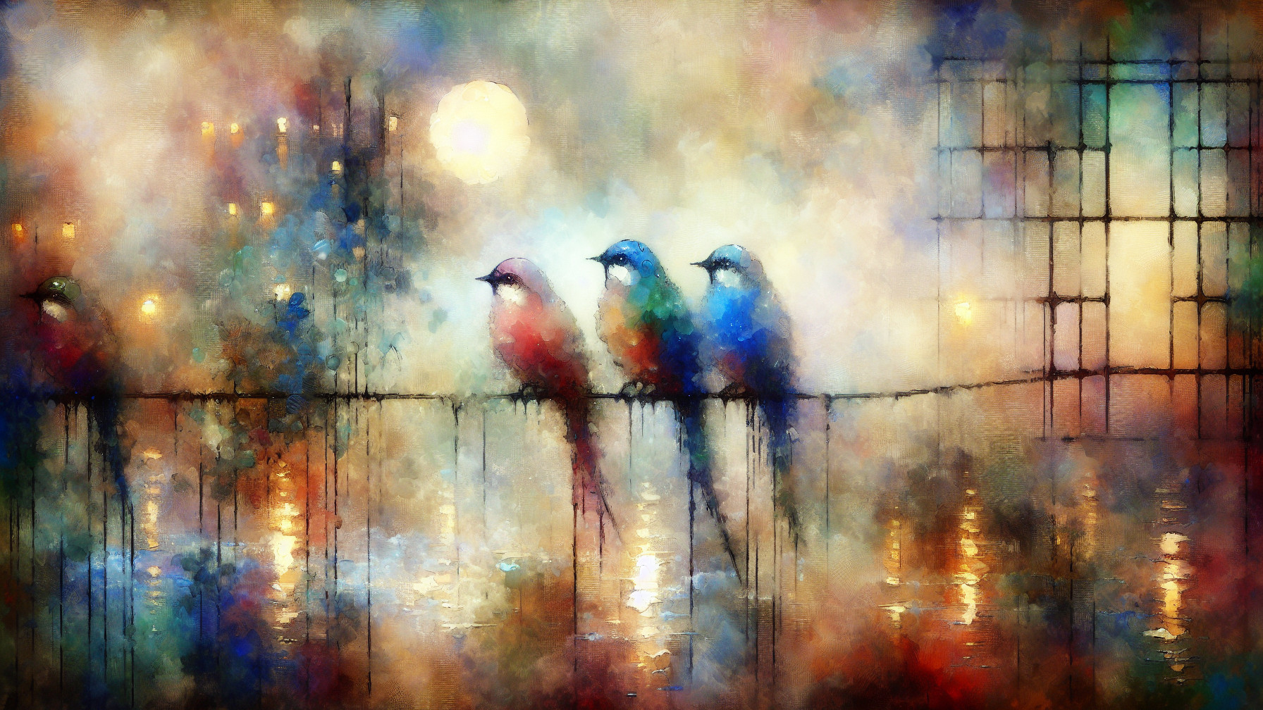 Impressionistic Scene of Birds on a Wire at Night