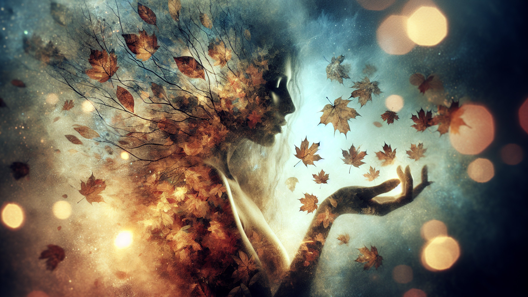 Surreal Silhouette of Woman with Autumn Leaves