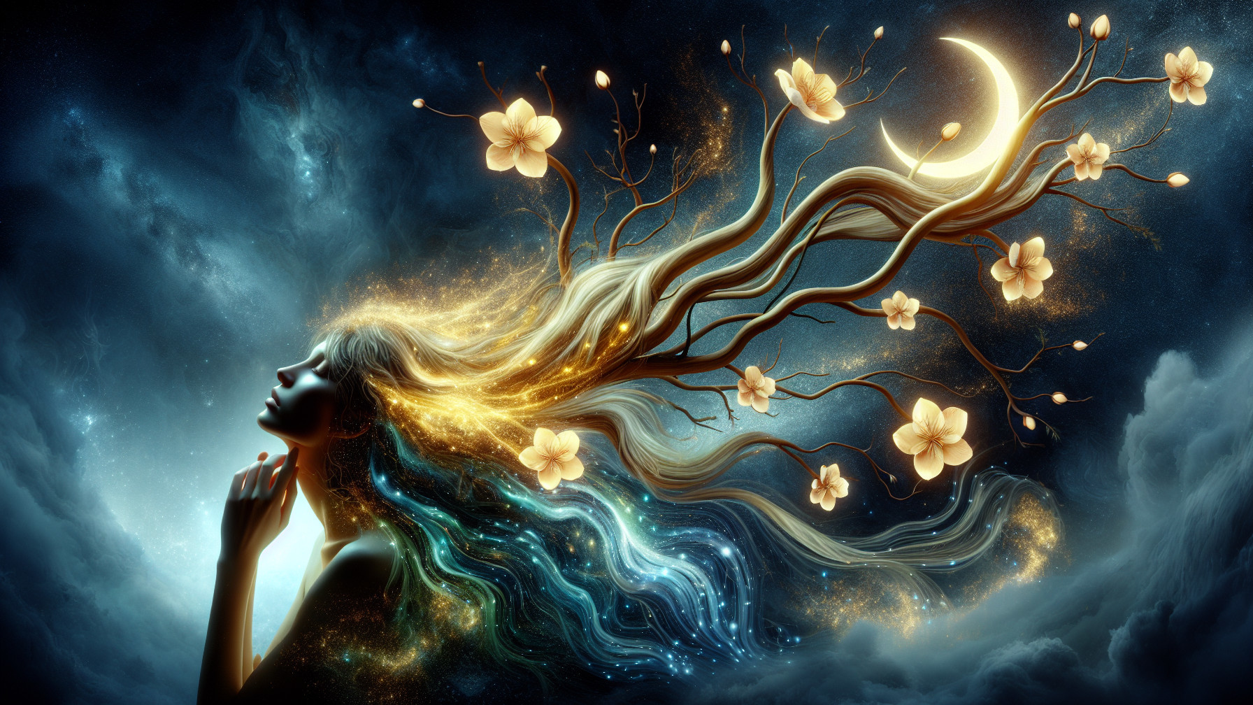 Mystical Figure with Glowing Hair and Cosmic Backdrop