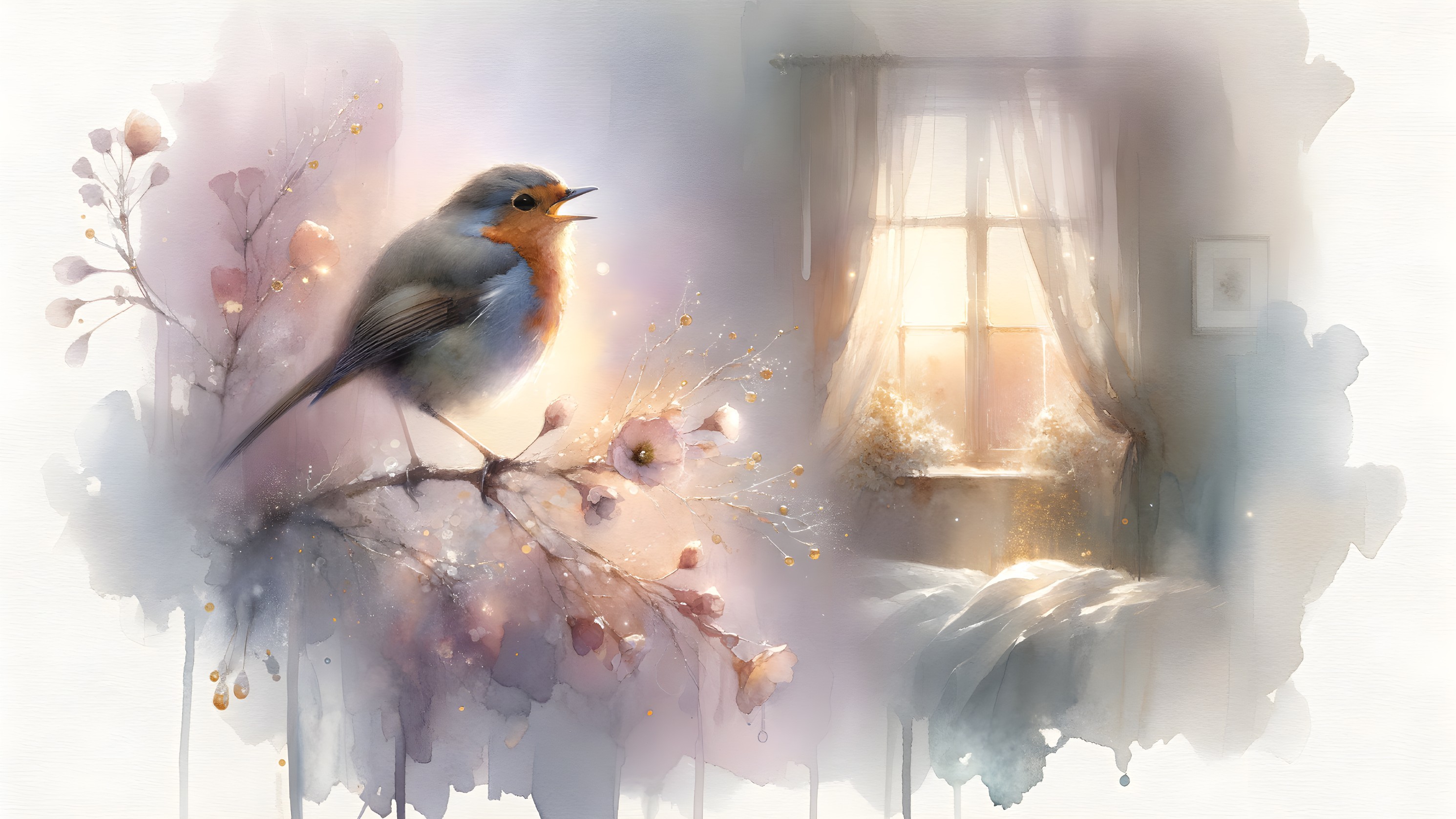 Watercolor of a bird on a branch in a sunlit room