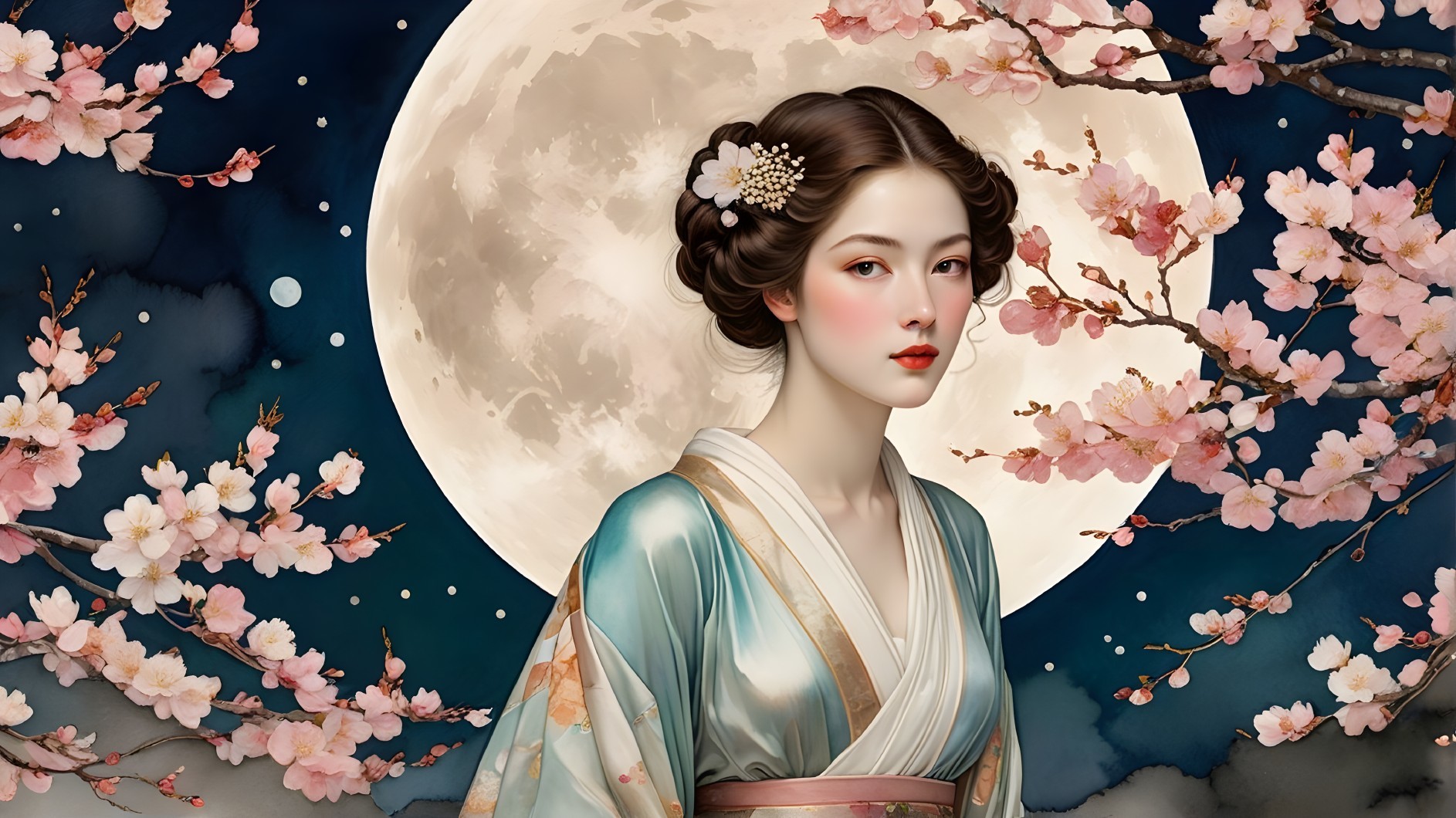 Young Woman in Kimono by Full Moon and Cherry Blossoms