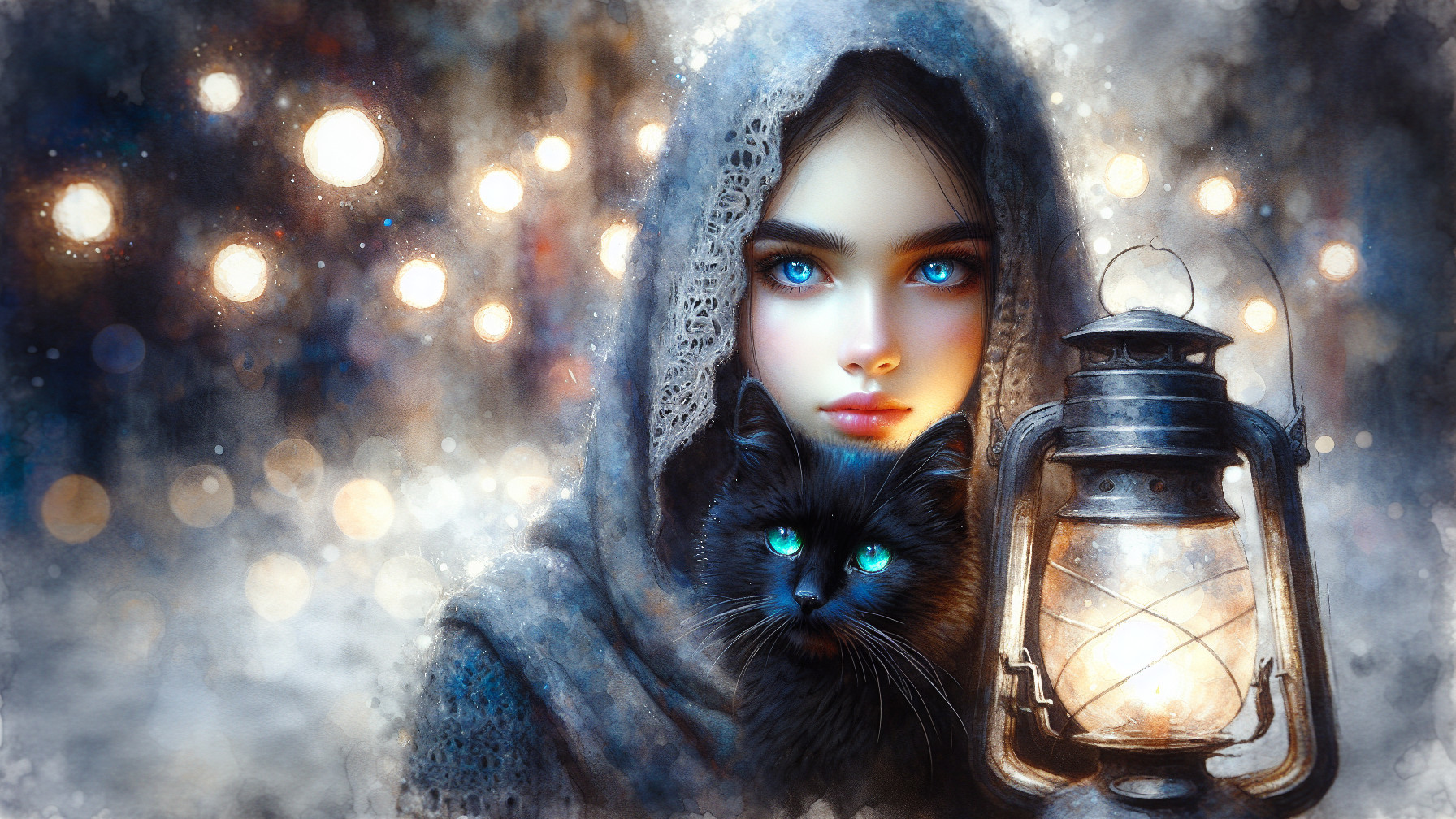 Young woman in cloak with lantern and black cat