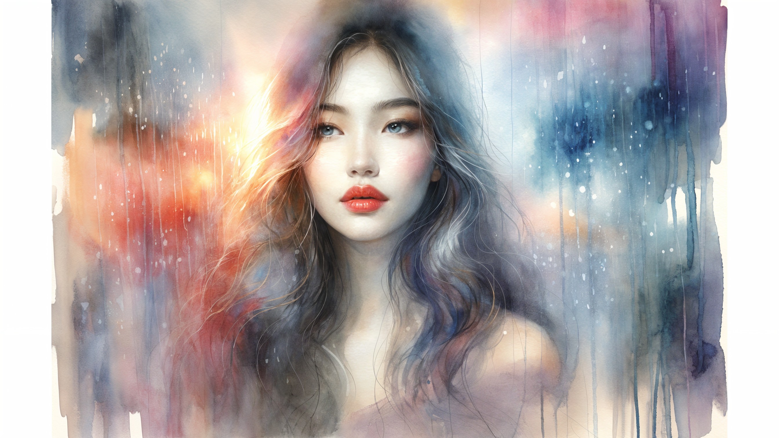 Watercolor Portrait of a Young Woman with Wavy Hair