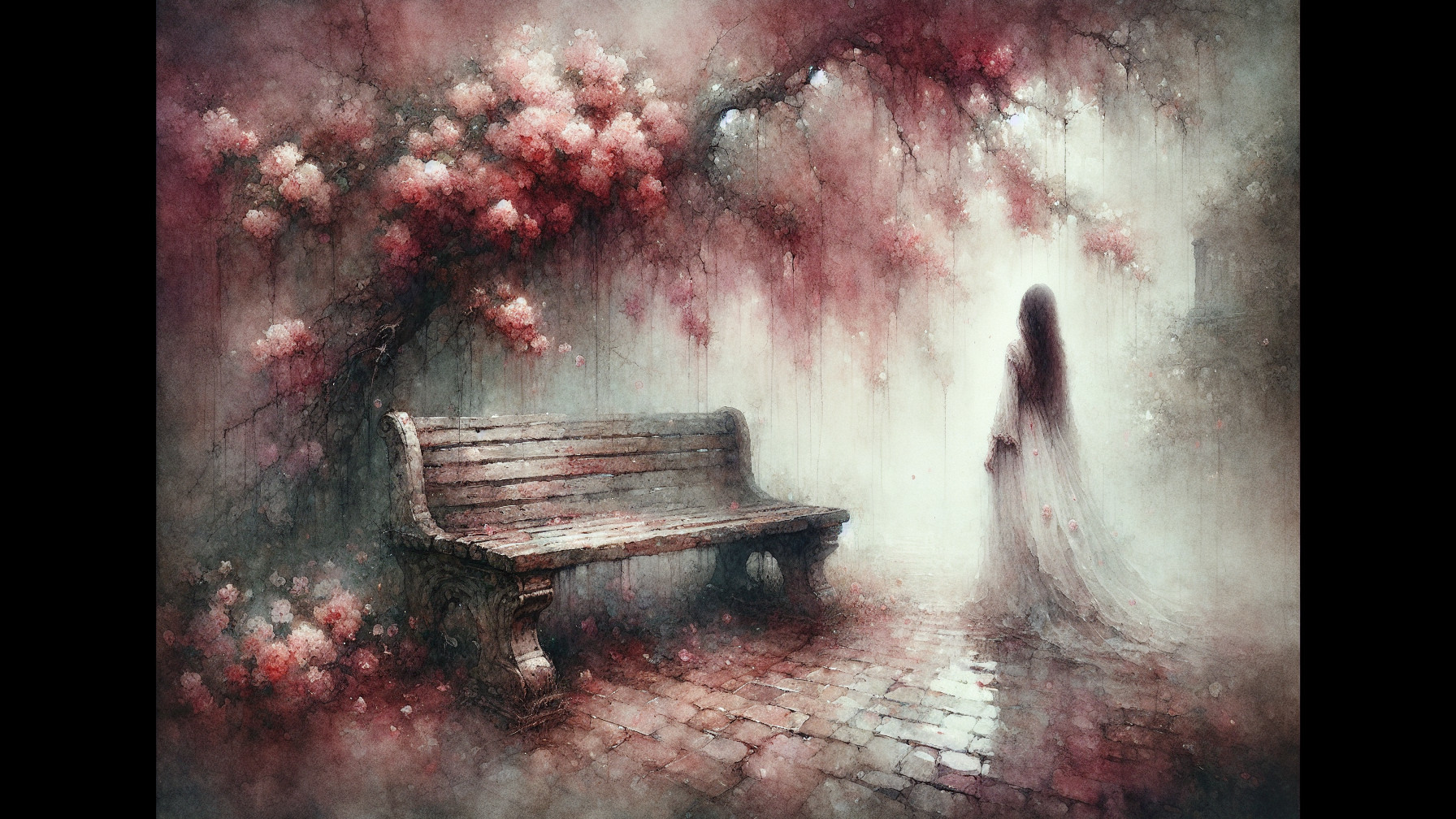 Misty Garden with Wooden Bench and Ethereal Figure