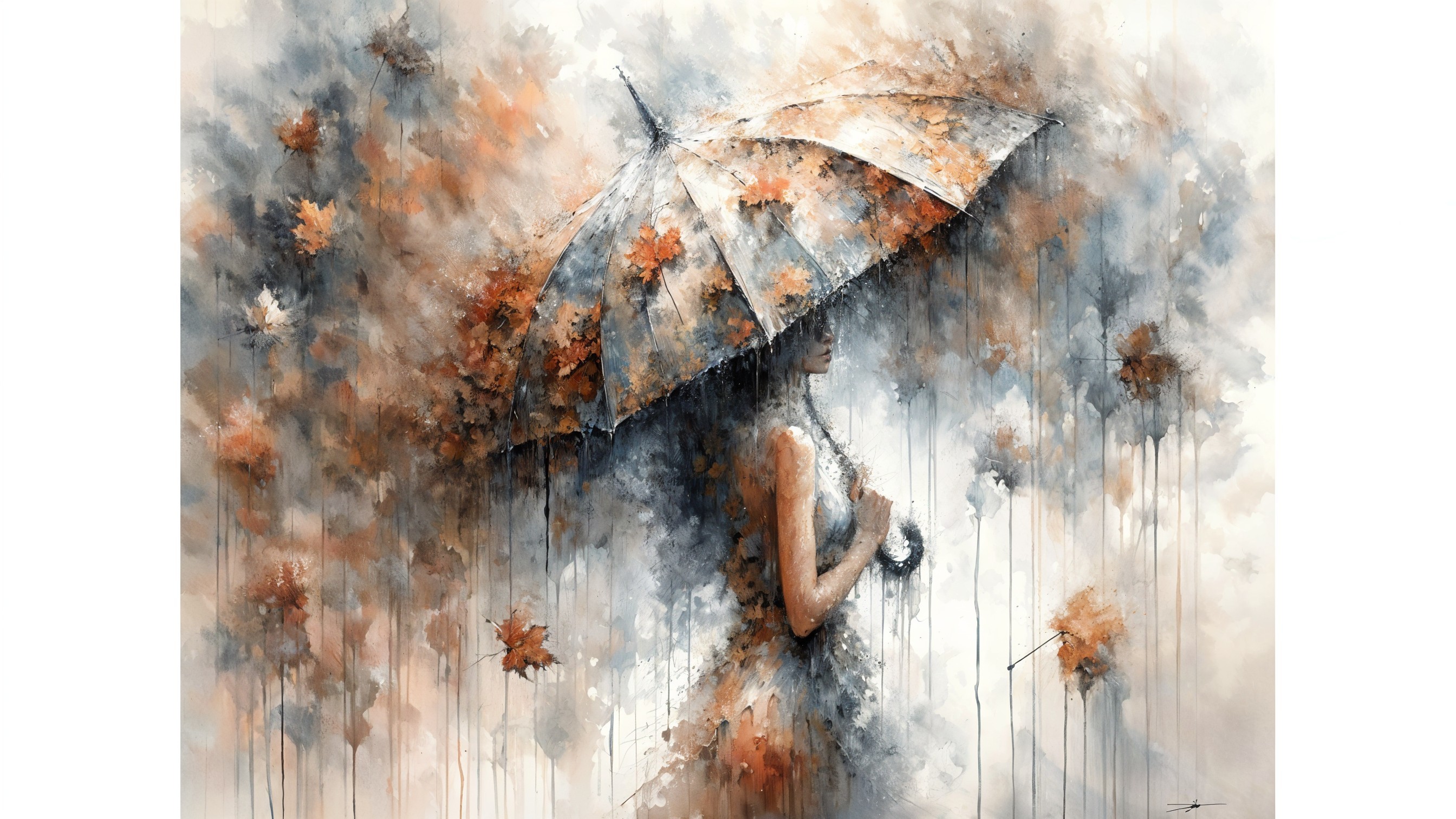 Watercolor Scene of Woman with Autumn Leaves Umbrella