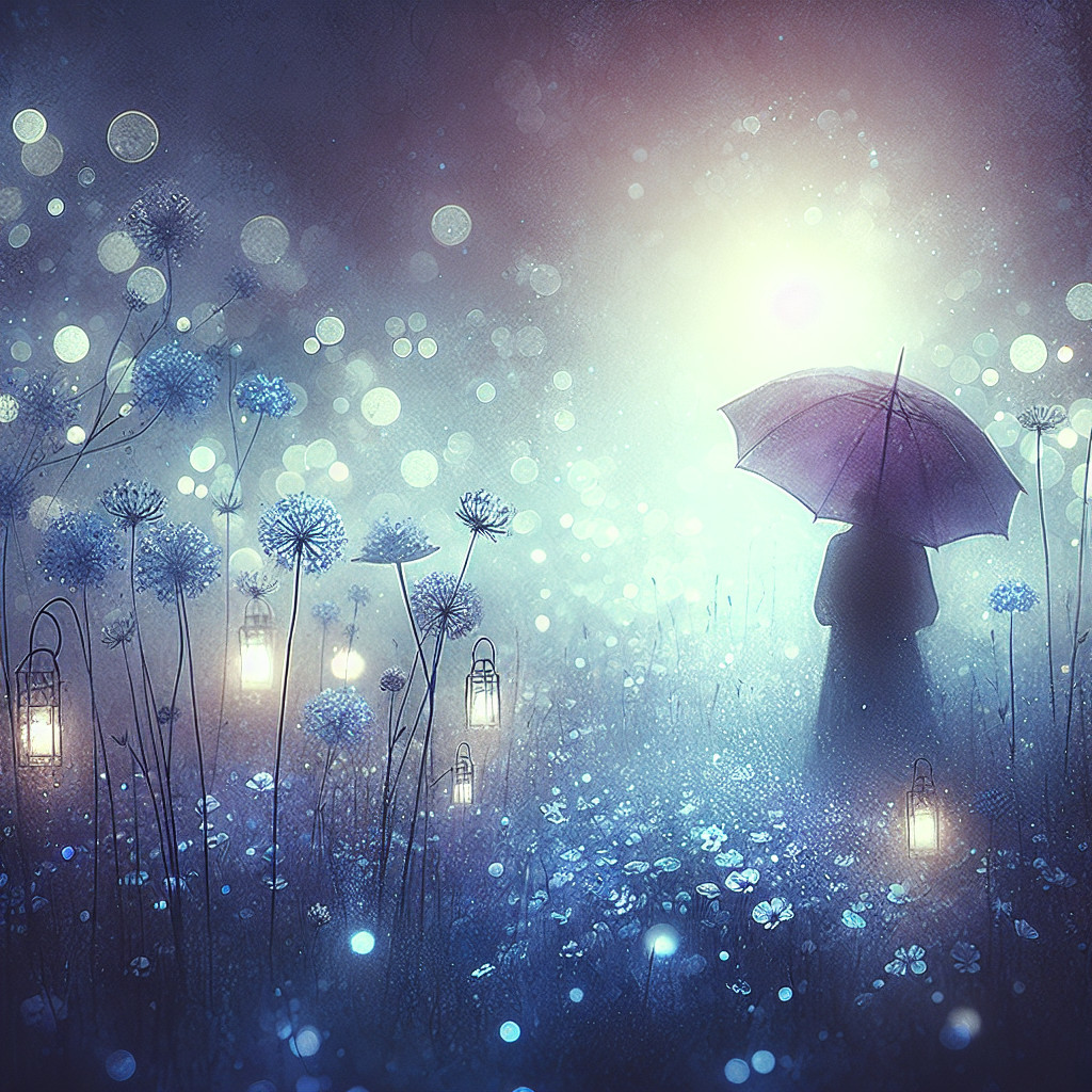Ethereal landscape with glowing flowers and lanterns