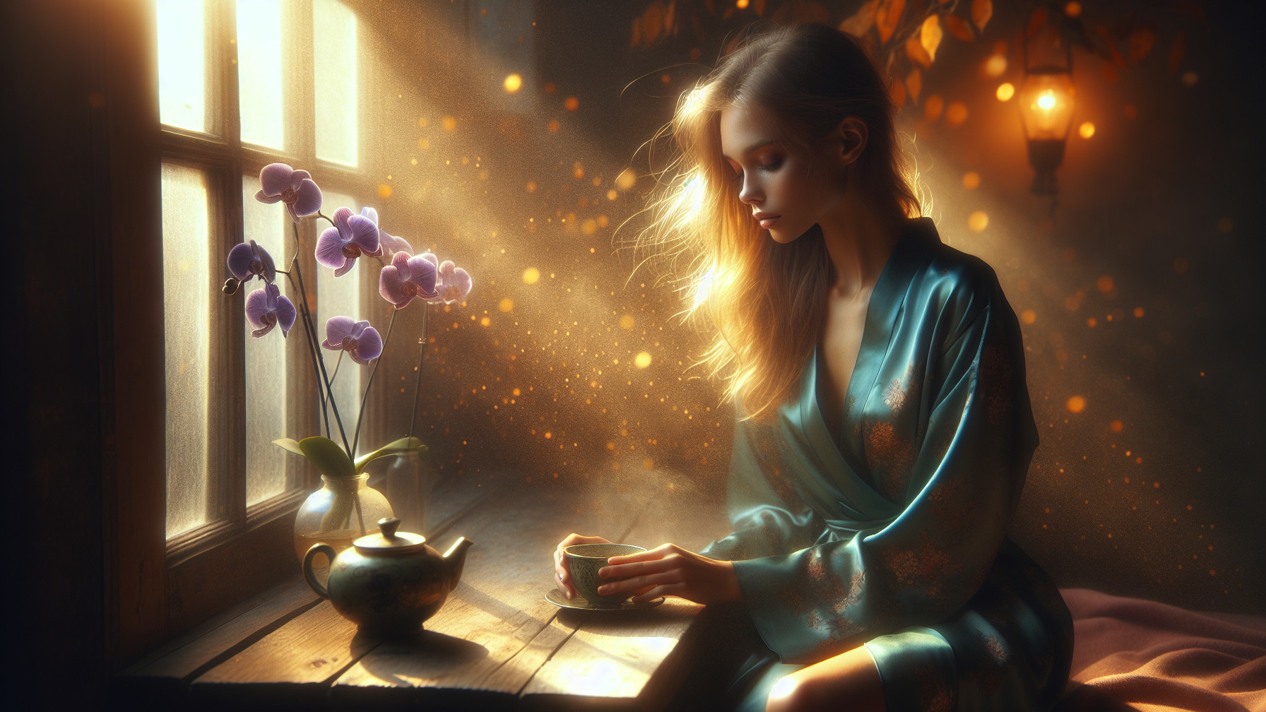 Young Woman in Serene Room with Tea and Orchids