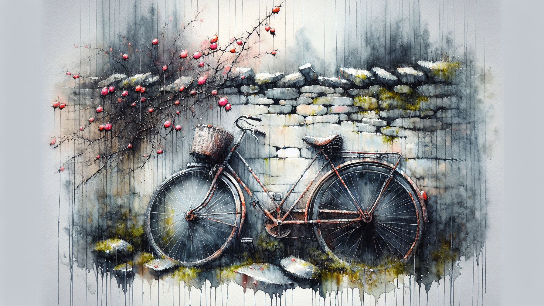 Vintage bicycle with wicker basket by stone wall