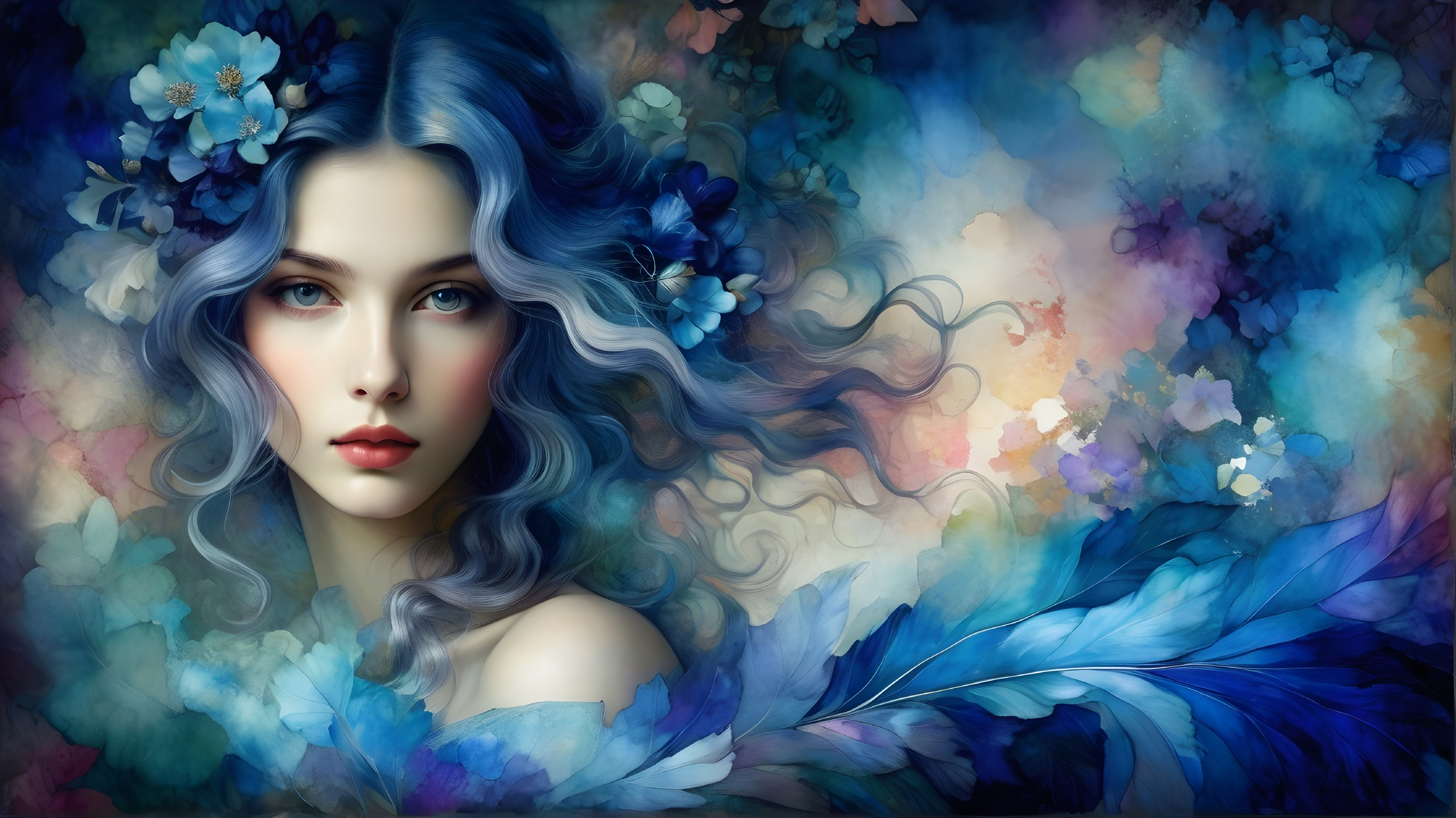 Portrait of a woman with blue hair and floral accents