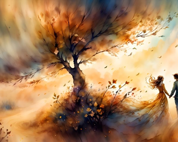 Couple Under Autumn Tree with Vibrant Leaves