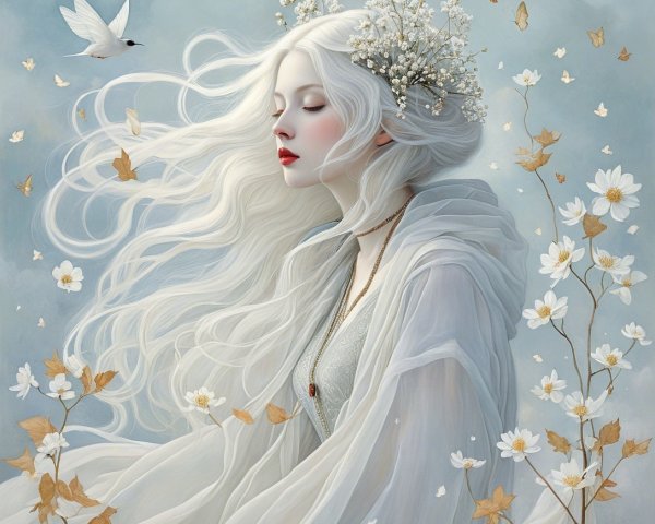 Serene figure with flowing hair and floral adornments