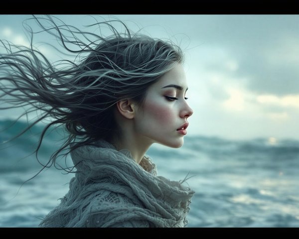 Young Woman by Ocean with Flowing Hair and Waves