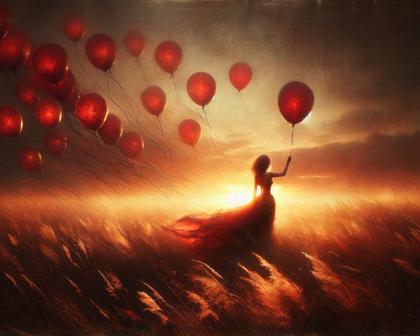 Figure in Red Dress with Balloons in Golden Field