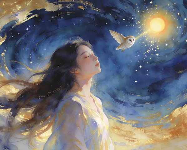 Young Woman in Dreamy Night Sky with Flowing Hair